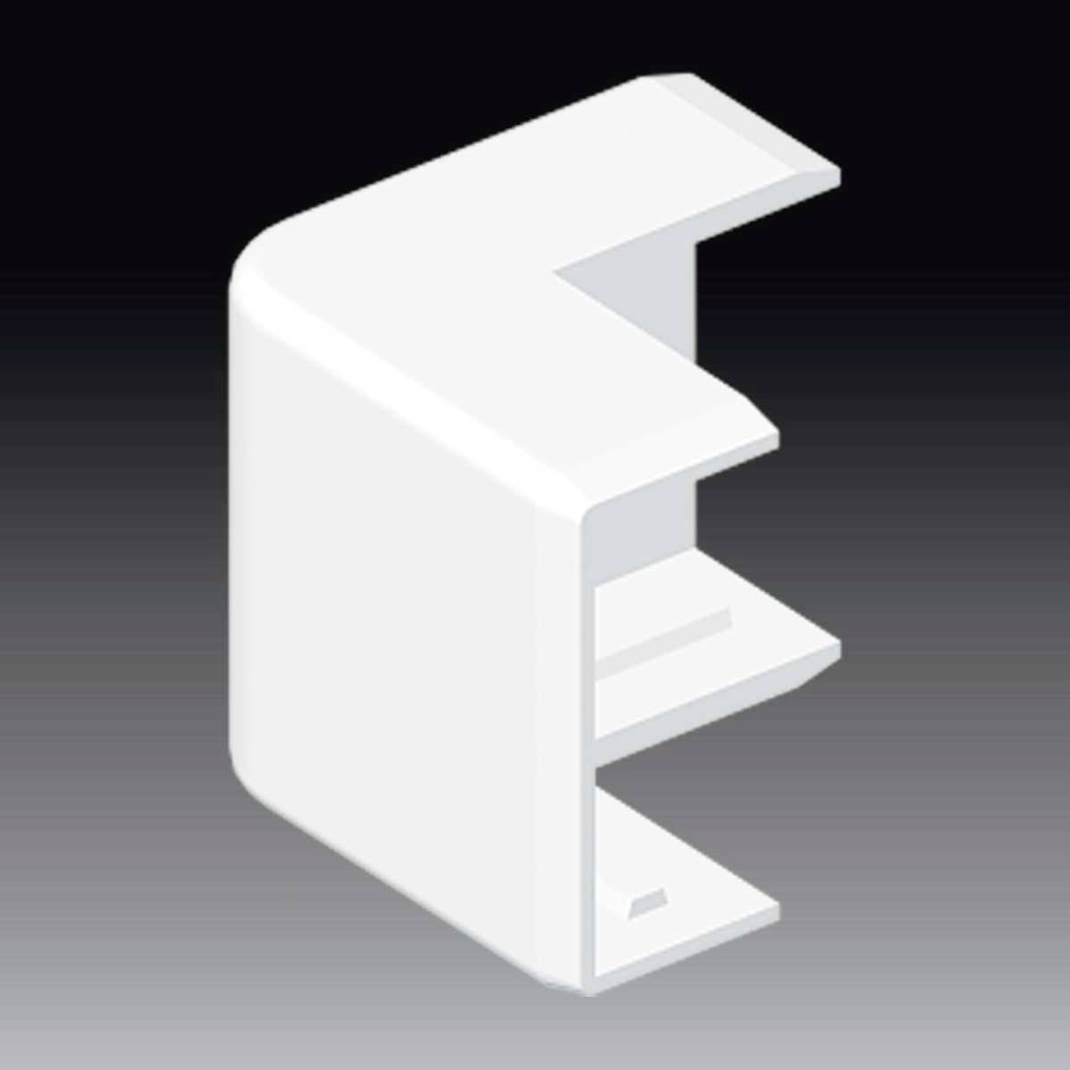 Ein weißer, L-förmiger Kunststoffverbindungswinkel vor einem dunklen Hintergrund, oft verwendet im Bau oder der Elektroinstallation.