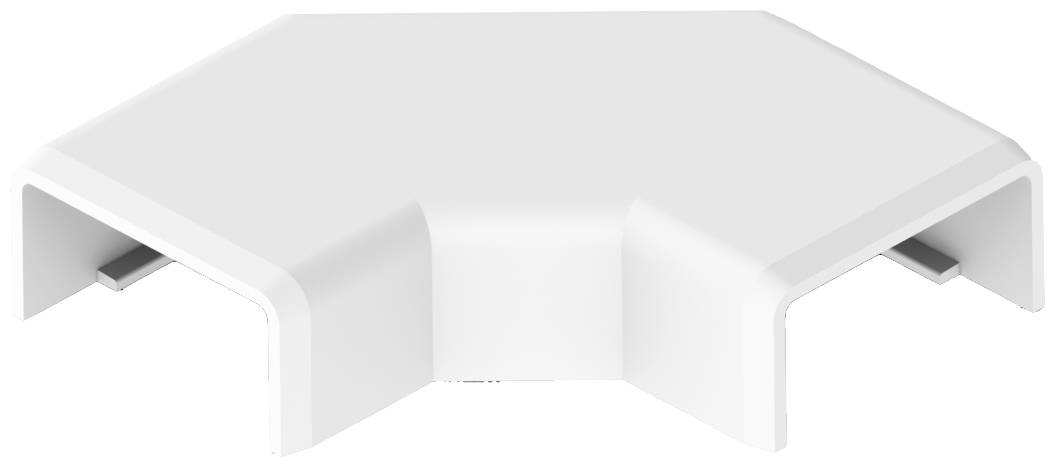 Eine weiße Eckverbindung für Kabelkanäle, die es ermöglicht, Kabel in einem rechten Winkel zu führen.