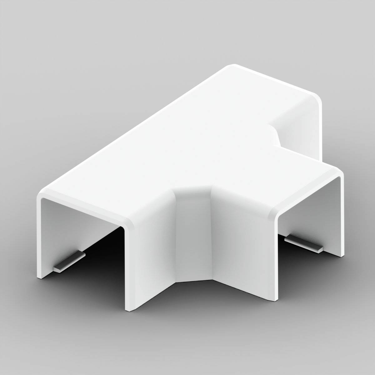 Ein weißer Kunststoffstecker in T-Form, geeignet zum Verbinden von Kabelkanälen oder ähnlichen Strukturen in einem elektrischen System.