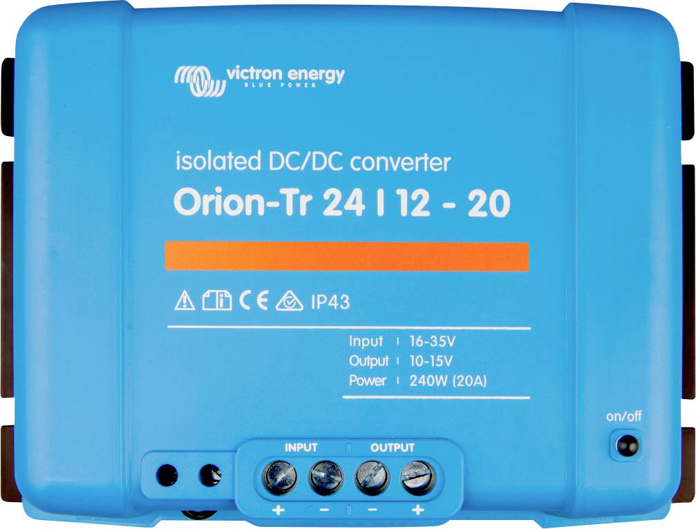 Blauer DC/DC-Konverter von Victron Energy, Modell 'Orion-Tr 24 | 12 - 20'. Eingangsspannung 16-35V, Ausgang 10-15V, 240W.