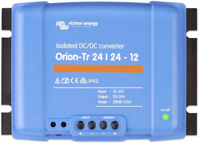 Ein blauer DC/DC-Wandler von Victron Energy mit der Aufschrift 'Orion-Tr 24 | 24 - 12'. Eingangs- und Ausgangsdaten sind aufgedruckt.