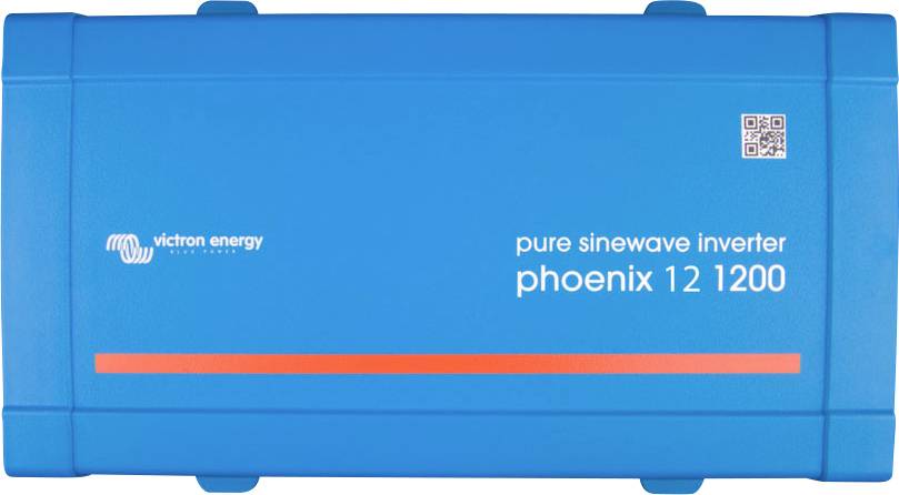 Blauer Wechselrichter mit der Aufschrift 'Victron Energy pure sinewave inverter phoenix 12 1200' und einem QR-Code.
