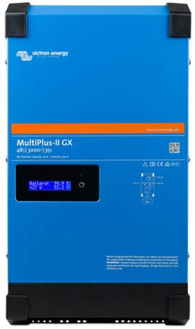 Blauer 'MultiPlus-II GX' von Victron Energy, 48V, 3000VA Inverter/Charger. Produktdetails und Funktionen auf Vorderseite sichtbar.