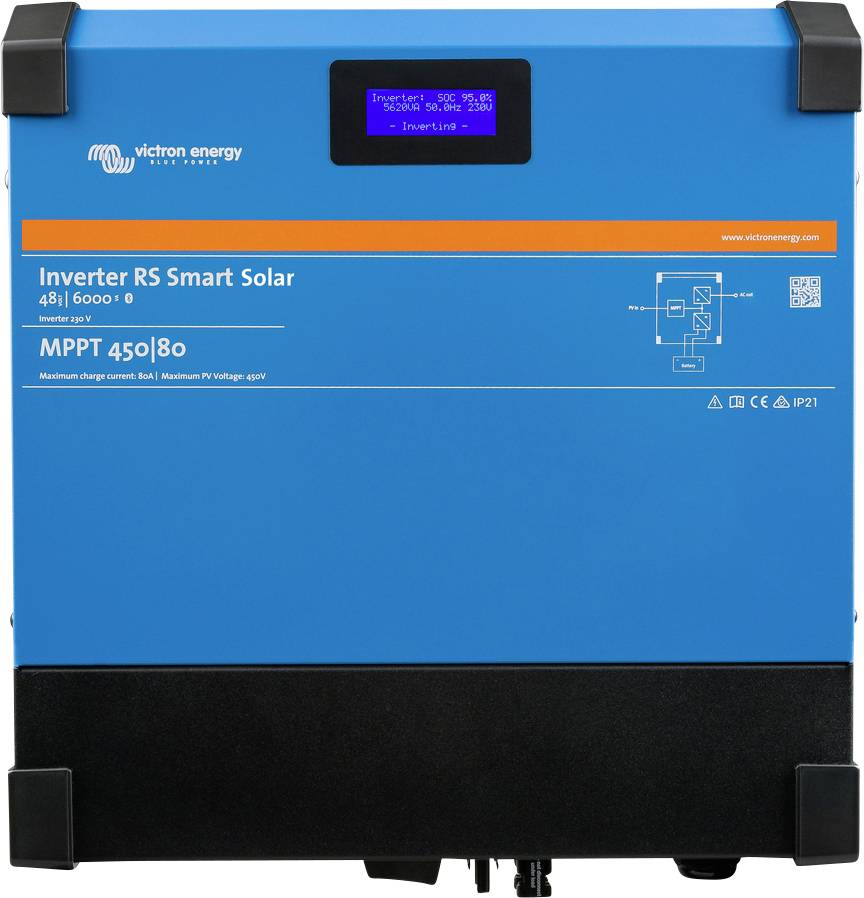 Ein blauer Victron Energy Inverter RS Smart Solar mit Beschriftung '48V 6000 0', geeignet für maximale Spannung 450V bei 80A.