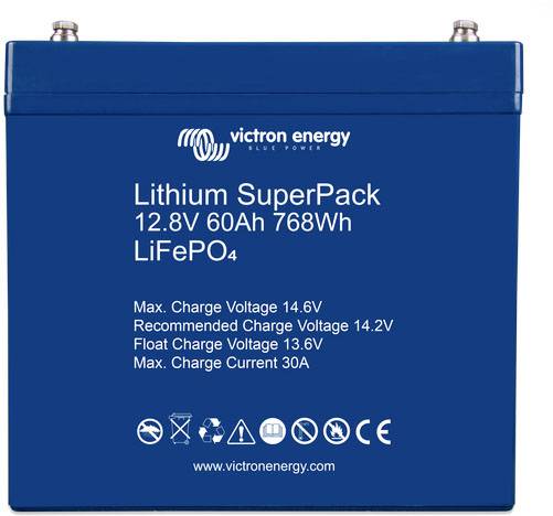 Blauer Lithium SuperPack Akku von Victron Energy mit 12,8V, 60Ah und 768Wh Kapazität. Max. Ladespannung: 14,6V; max. Ladestrom: 30A.