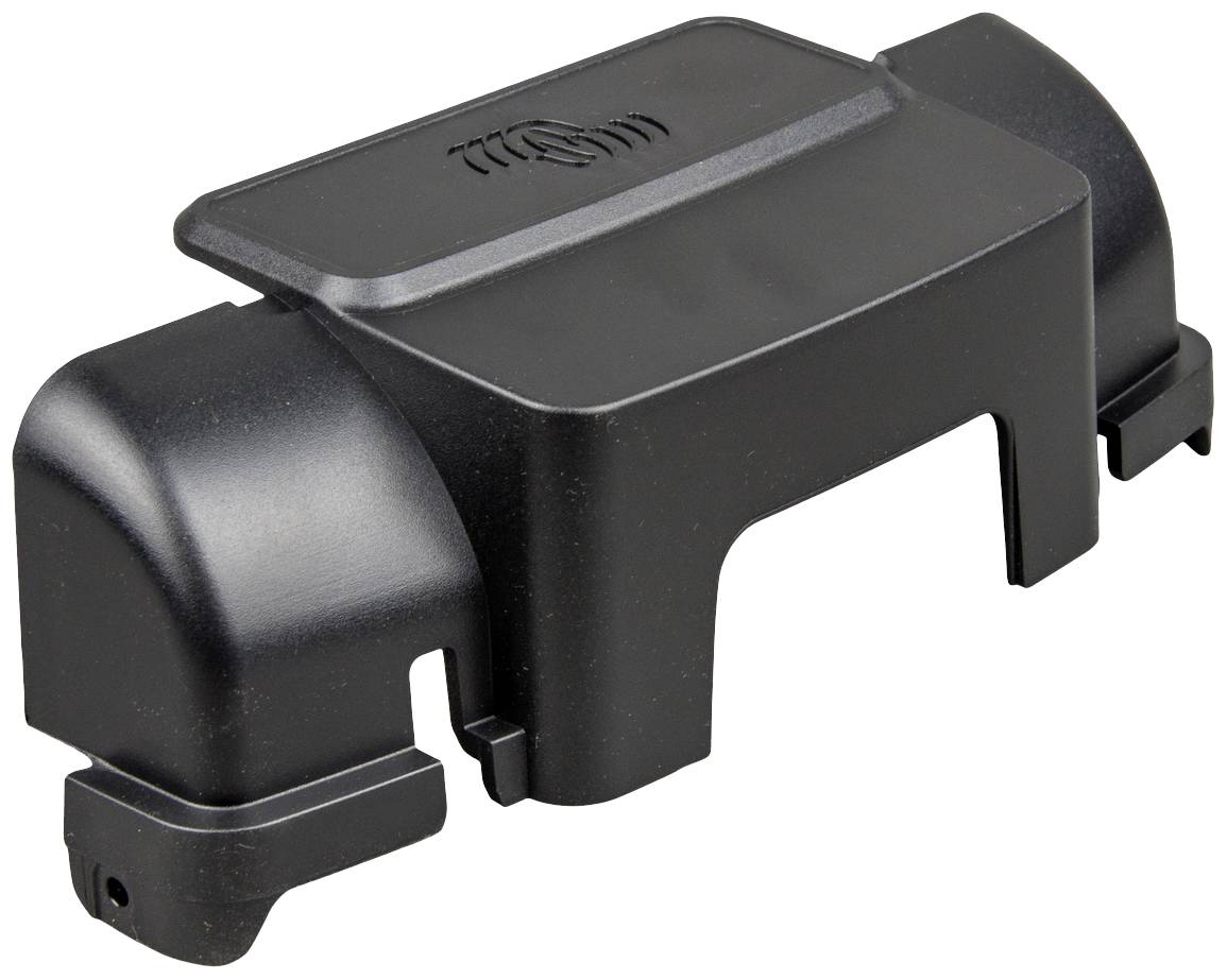 Schwarzes, rechteckiges Kunststoffgehäuse mit glatter Oberfläche und seitlichen Öffnungen, geeignet für den Schutz elektronischer Komponenten.