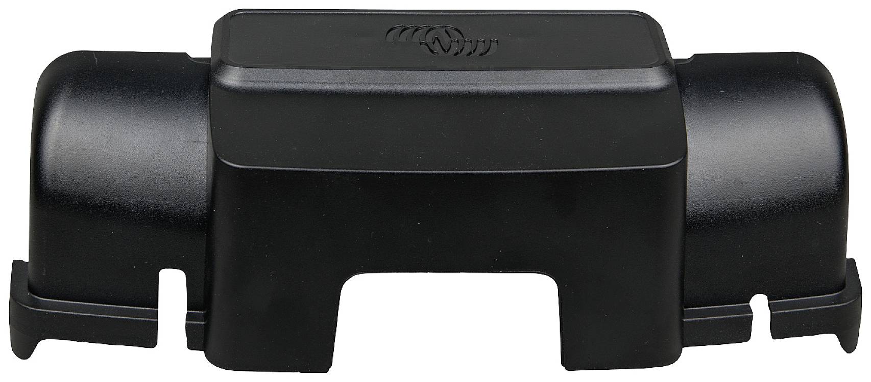 Schwarze Kunststoffabdeckung in rechteckiger Form mit geschwungenen Kanten, Lücken an beiden Enden und Relief-Logo oben.