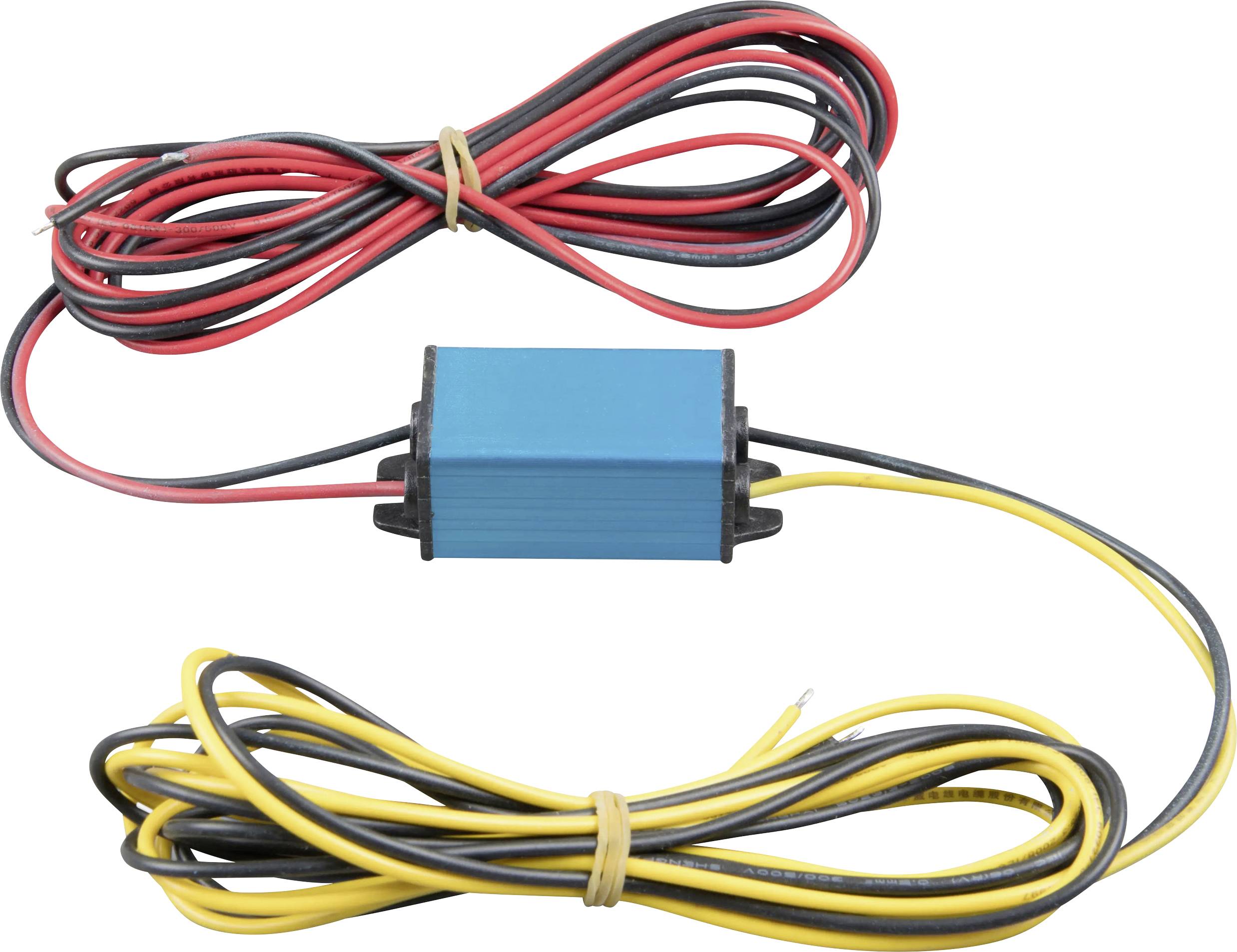 Eine blaue rechteckige elektrische Komponente mit roten, schwarzen und gelben Drähten.