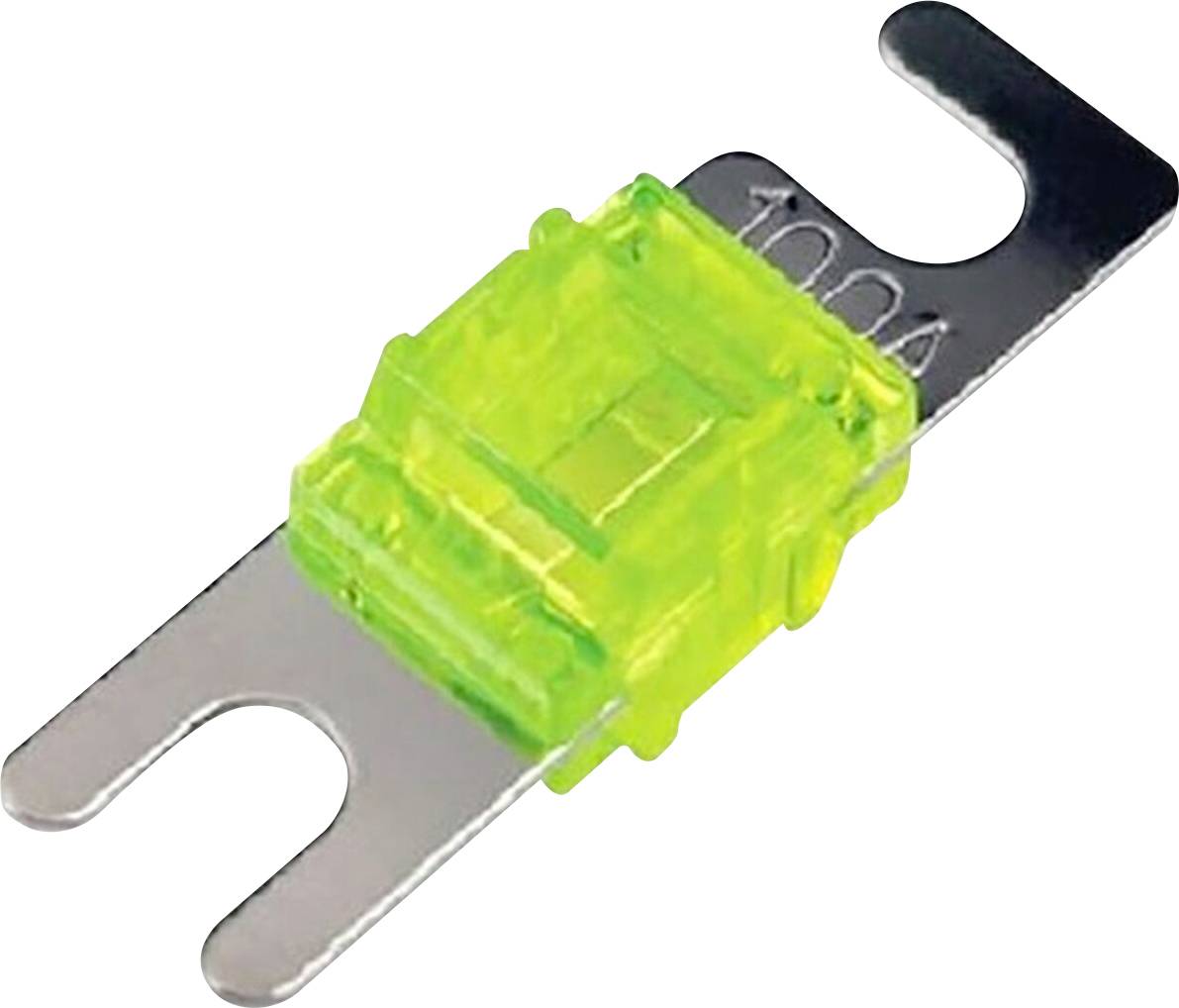 Ein grüner Flachsicherungseinsatz mit transparentem Gehäuse zeigt eine Prägung von '100A', geeignet für elektronische Anwendungen.