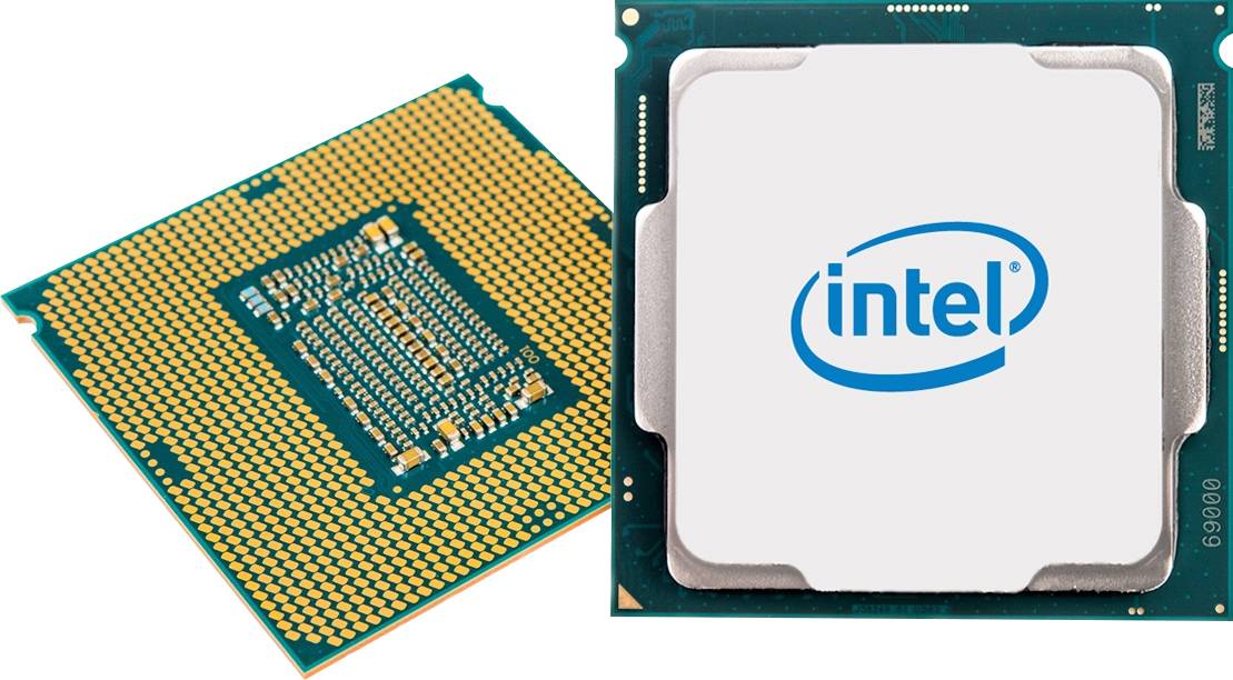 Zwei Computerprozessoren: einer zeigt die Unterseite mit den Kontakten, der andere die Oberseite mit dem 'Intel'-Logo.