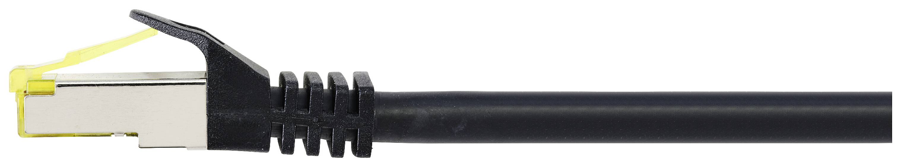 Schwarzes Netzwerkkabel mit RJ45-Stecker, isoliert auf weißem Hintergrund, zeigt den Anschluss.
