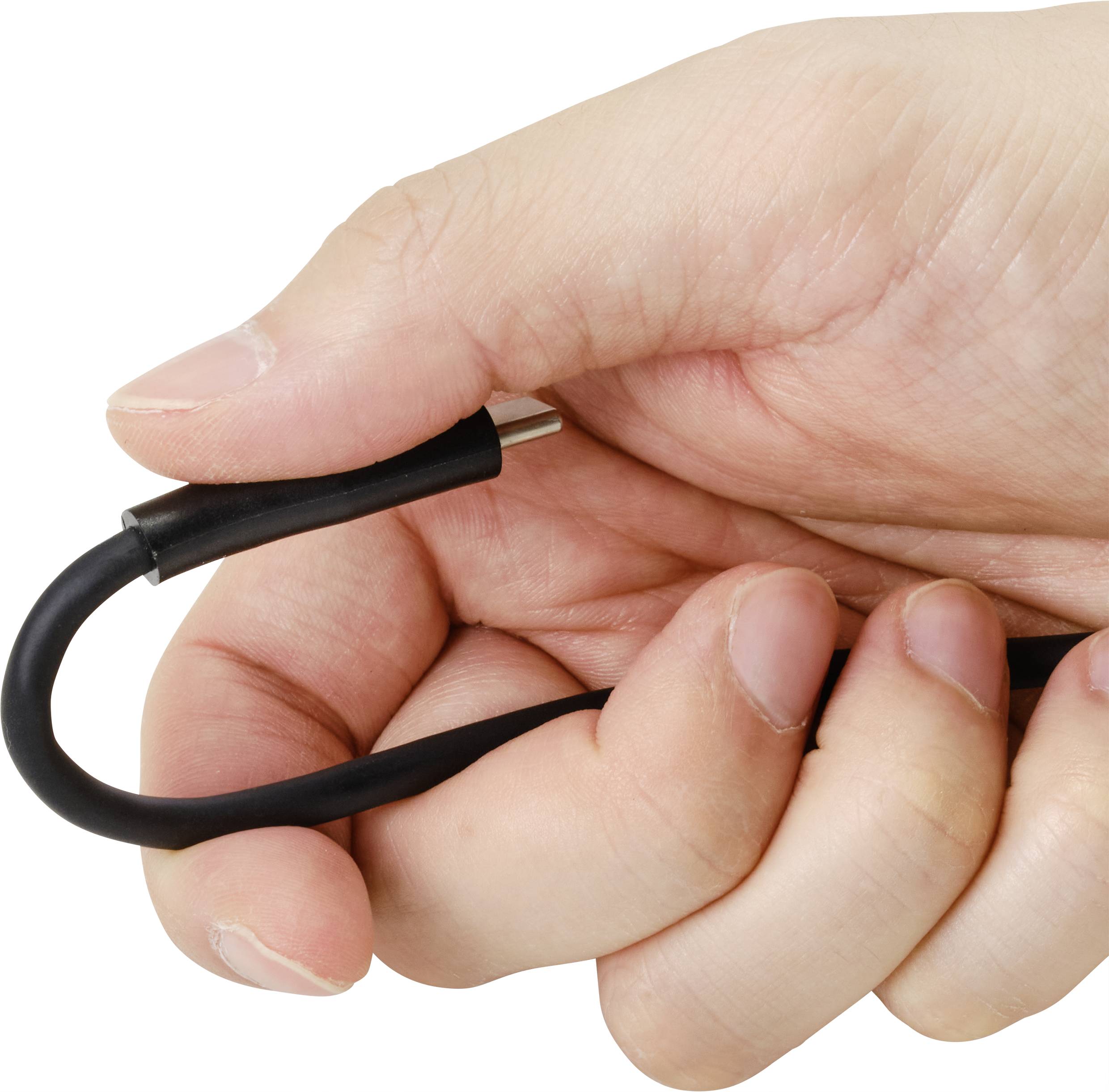 Eine Hand hält ein schwarzes USB-Kabel mit einem USB-C-Stecker, bereit zum Anschluss.