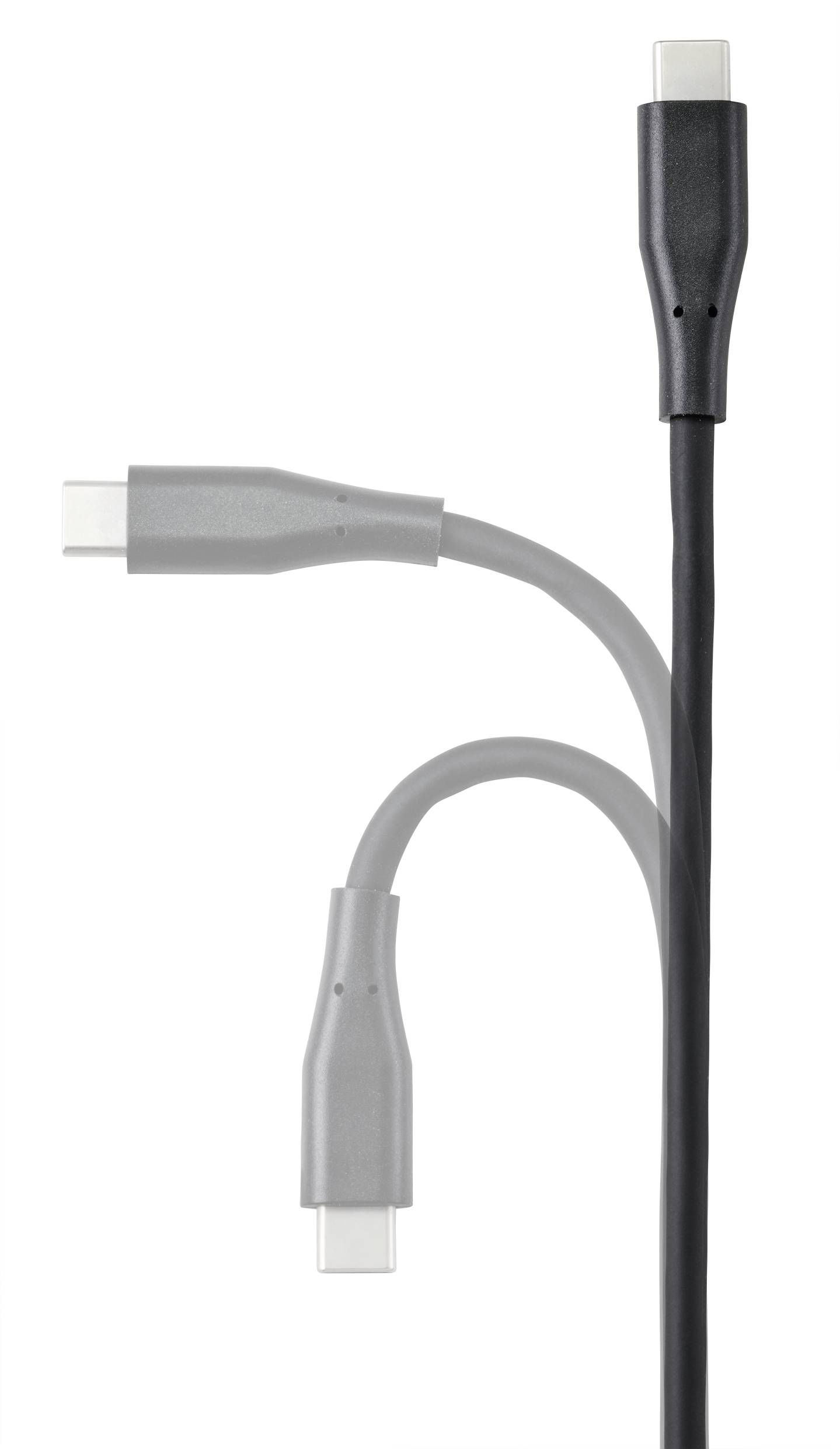 Abbildung eines USB-C-Kabels mit flexiblem, verstellbarem Hals, der in drei verschiedenen Positionen dargestellt ist.
