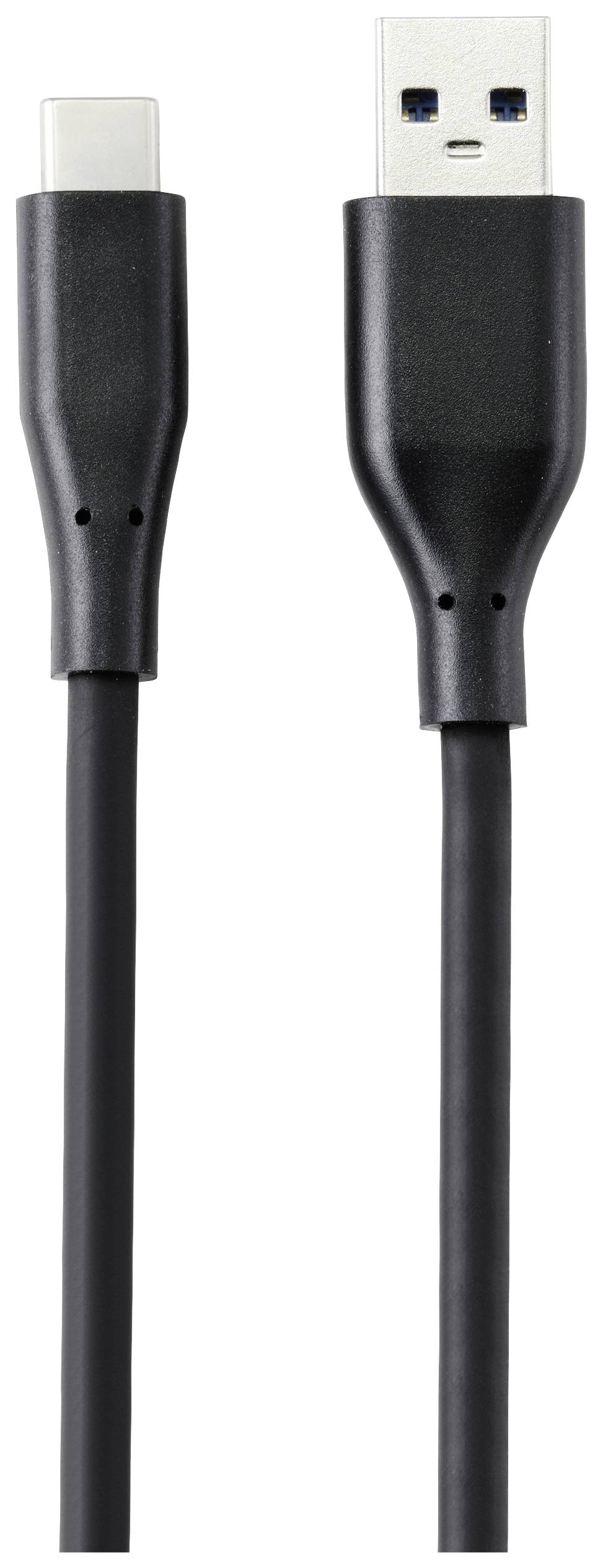 Schwarzes USB-Kabel mit USB-C-Stecker links und USB-A-Stecker rechts, für Verbindung von Geräten wie Smartphones oder Laptops.