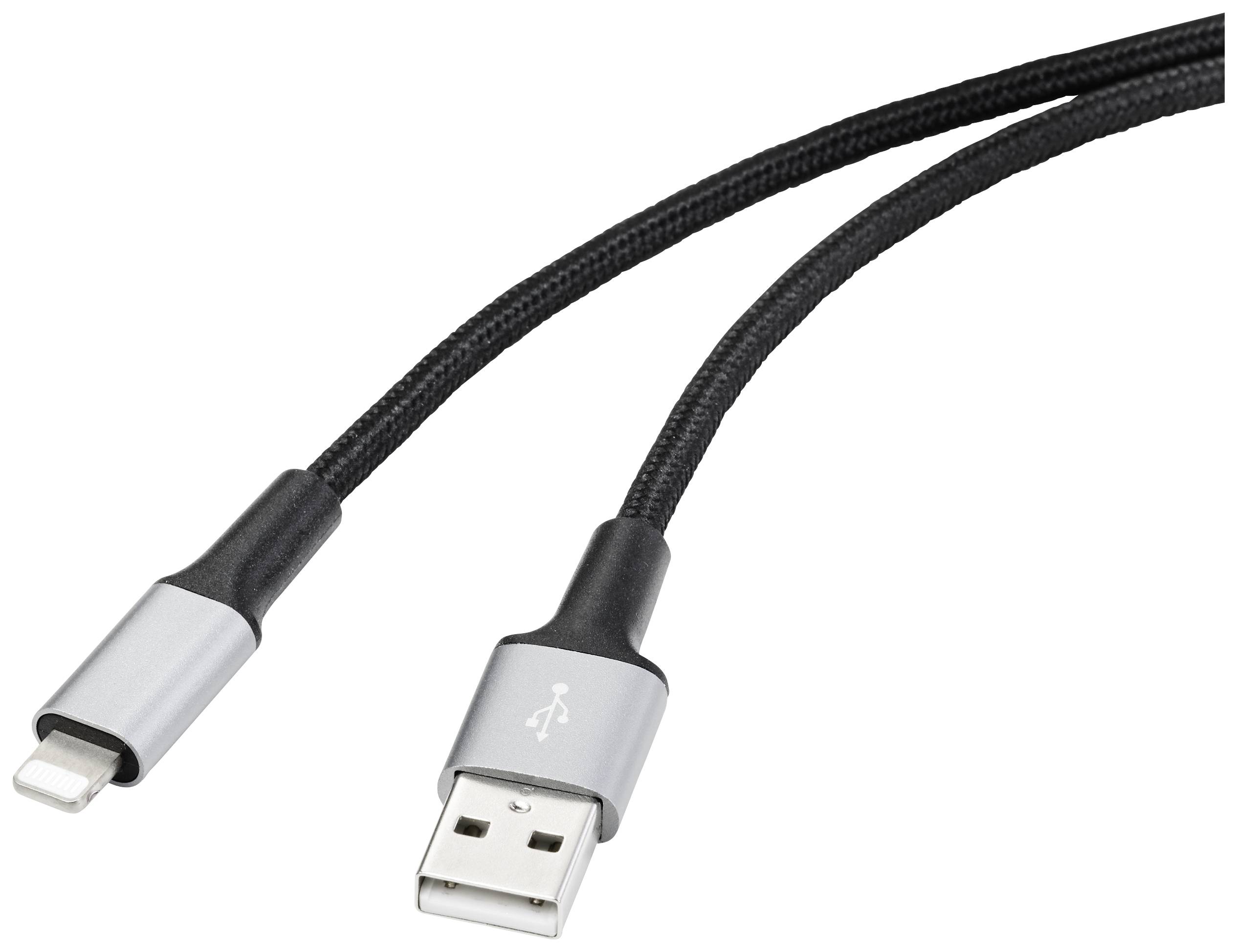 USB-Kabel mit USB-A- und Lightning-Anschluss, schwarz mit silbernen Enden. ​​Geeignet zum Laden und Datentransfer für Apple-Geräte.