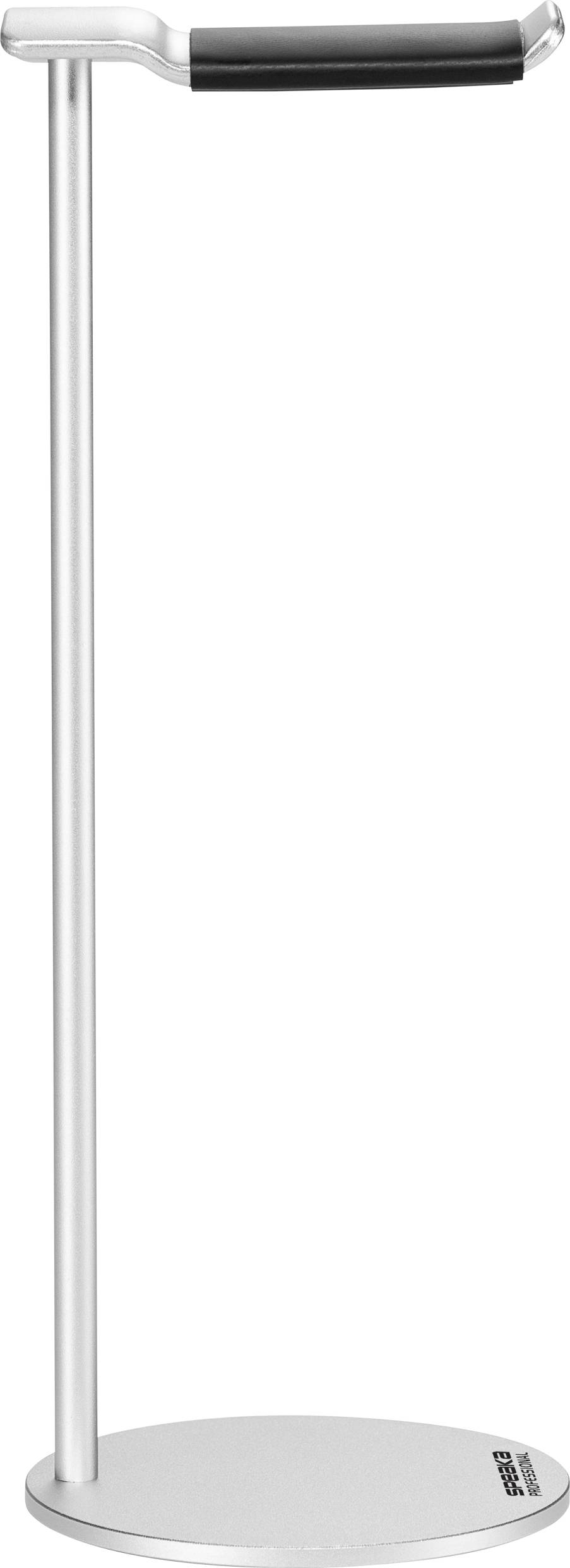 Ein silberner Kopfhörerständer mit schwarzem Polster auf der Ablagefläche. Minimalistisches Design für die sichere Aufbewahrung von Kopfhörern.