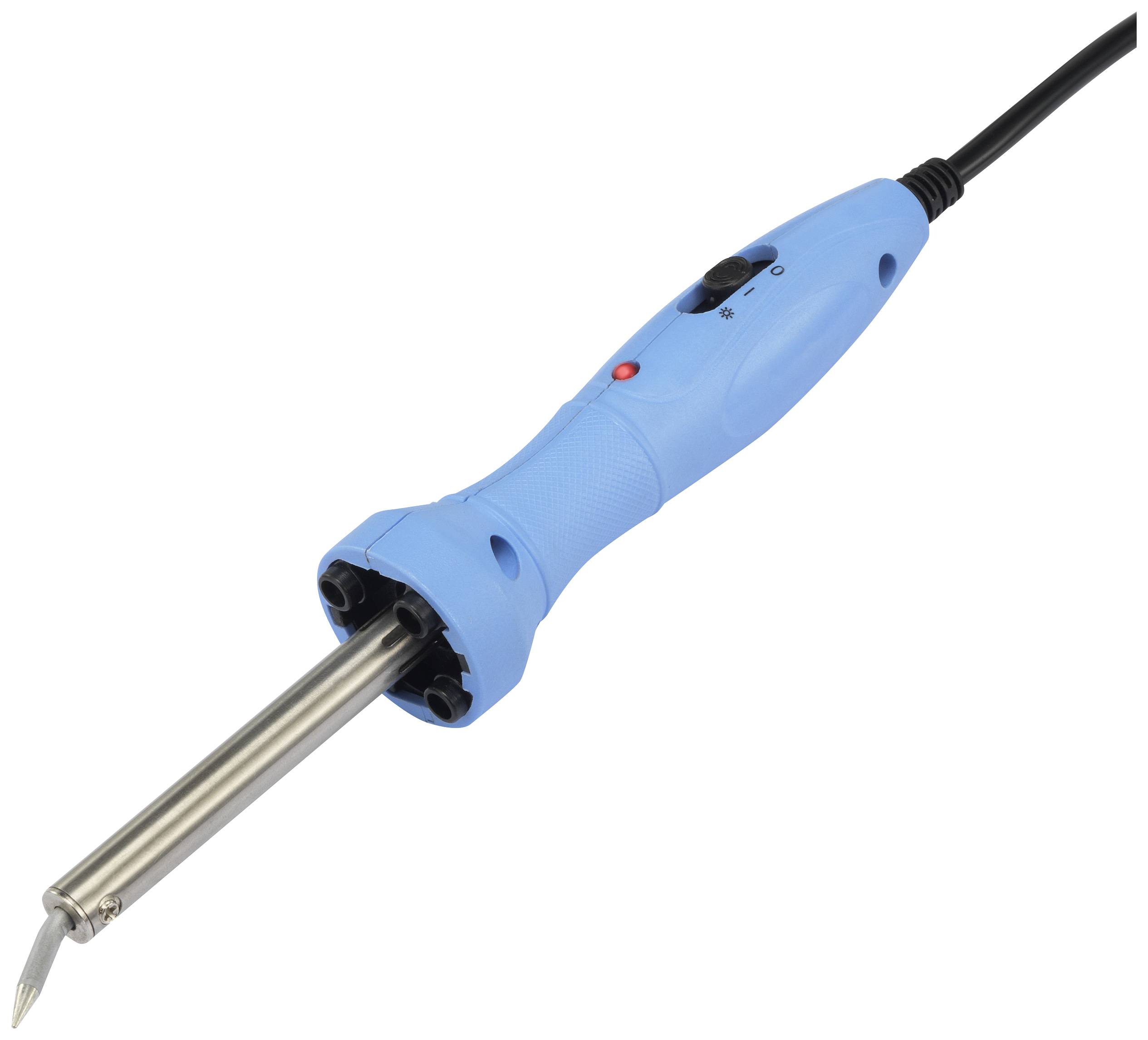 Ein blauer Lötkolben mit schwarzem Kabel und Metallspitze, geeignet für Elektronik- und Bastelarbeiten.
