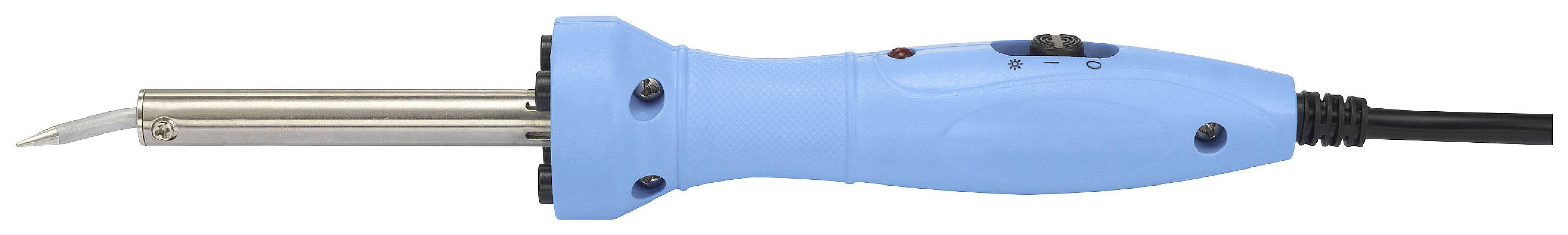 Ein blauer Lötkolben mit schwarzem Kabel und Metallschweißspitze liegt seitlich. Geeignet für Heimwerkerarbeiten oder Elektronikprojekte.