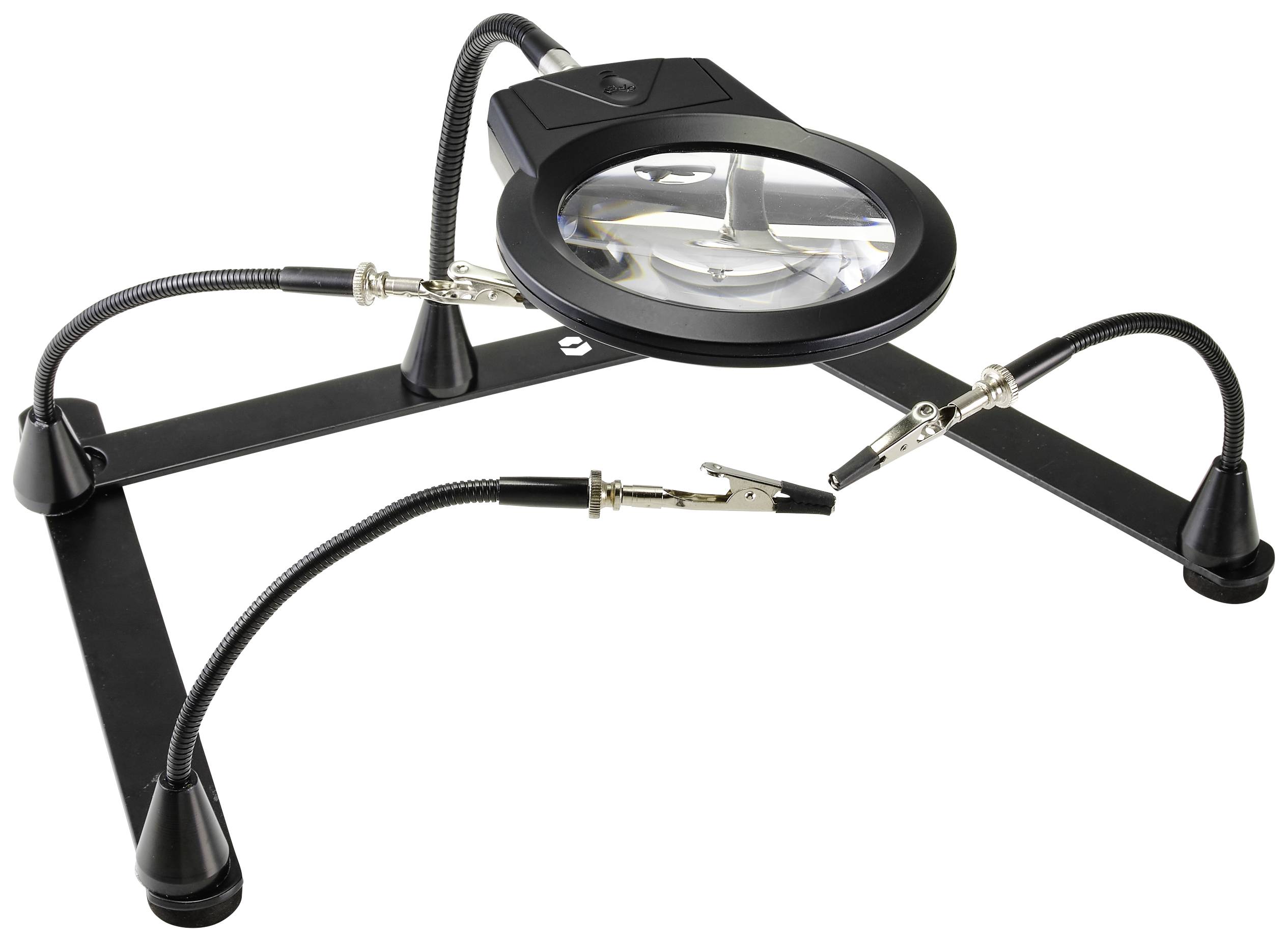 Ein verstellbarer Standfuß mit Lupe und Krokodilklemmen zur Unterstützung bei Lötarbeiten oder kleinen Reparaturen.