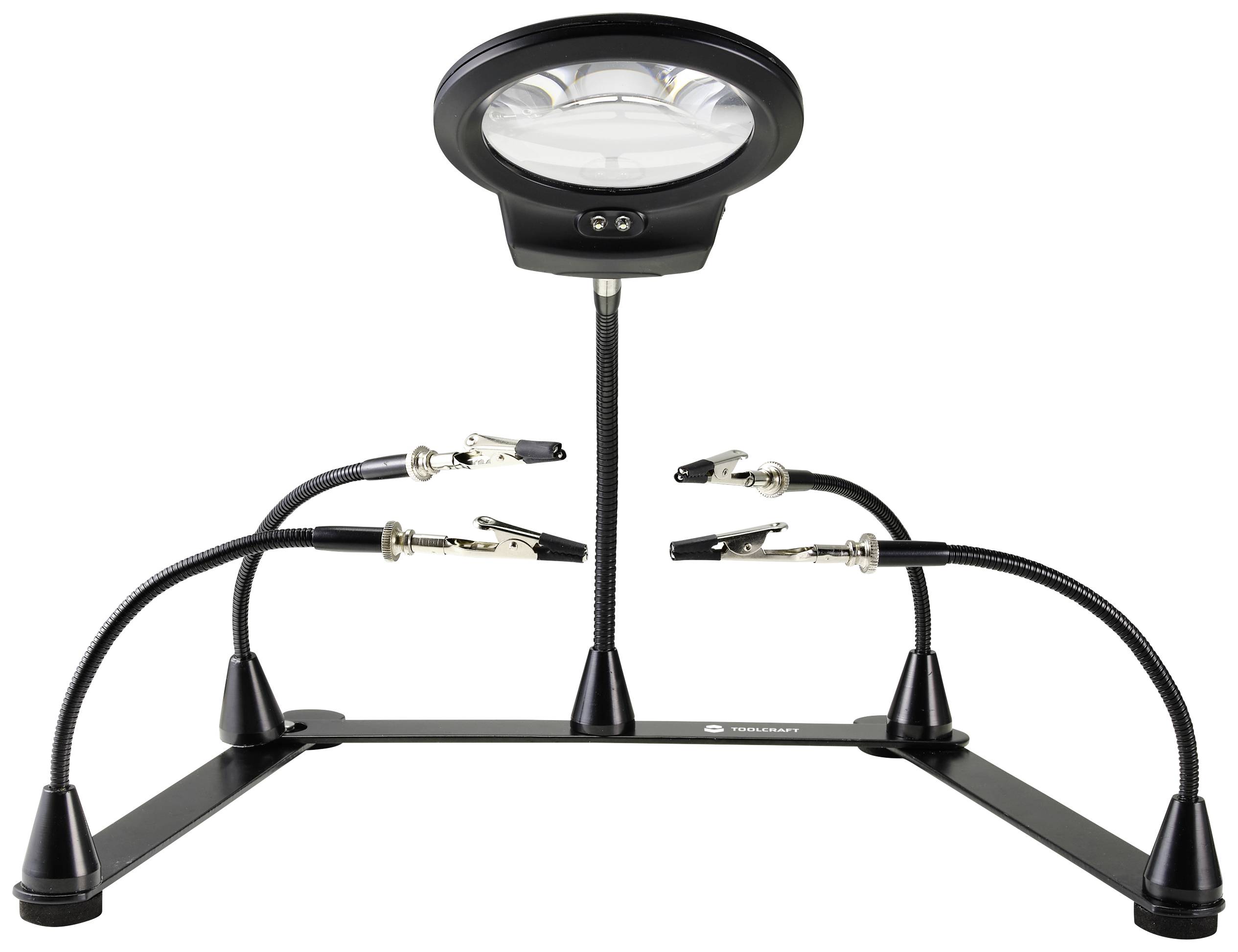 Eine verstellbare Lupenhalterung mit vier flexiblen Armen und Klemmen zur Unterstützung beim Präzisionsarbeiten wie Löten.