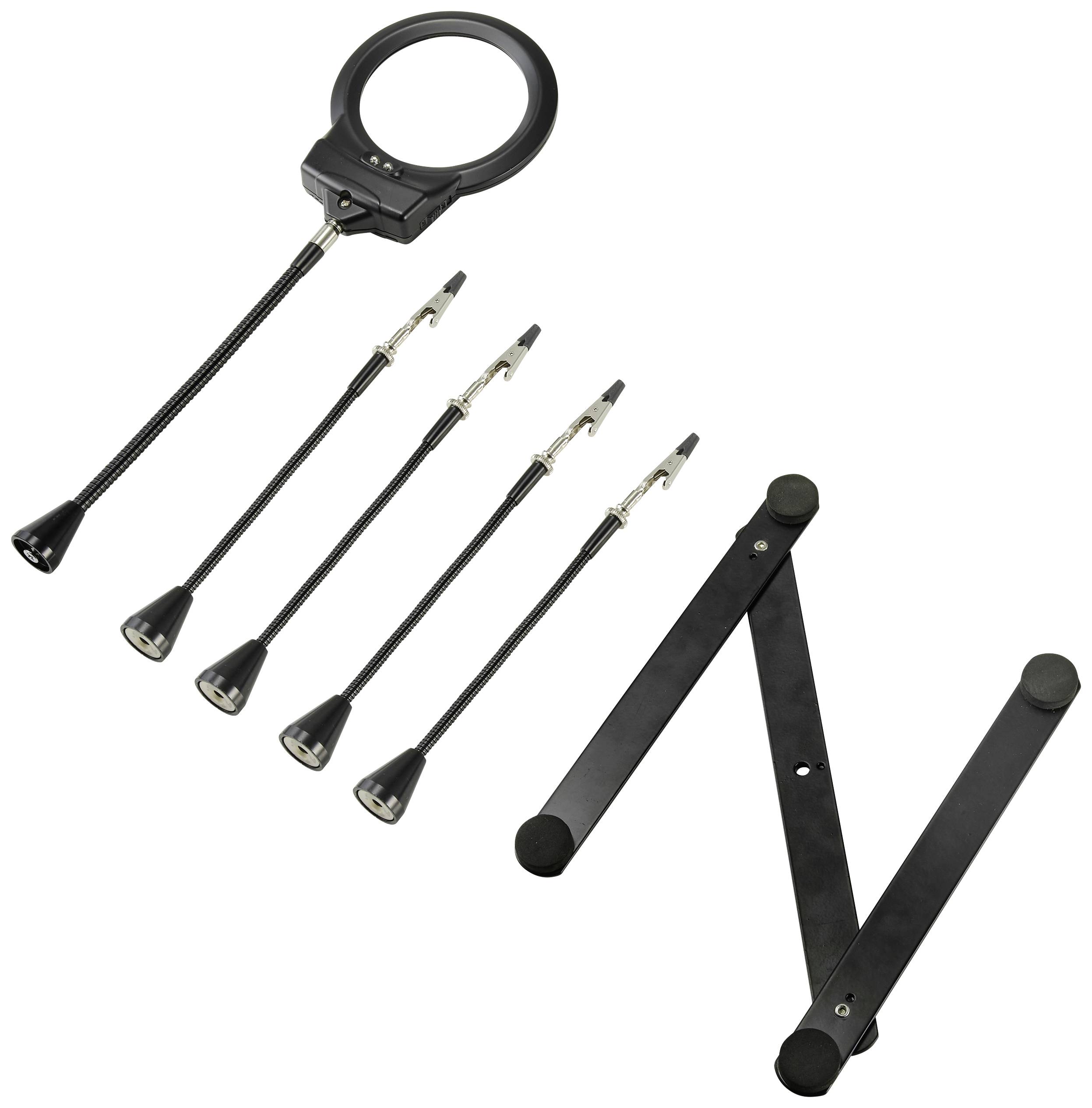 Vergrößerungslupe mit flexiblem Hals und verschiedenen Clips. Enthält zwei lange und drei kurze Arme. Ideal für präzise Arbeiten.
