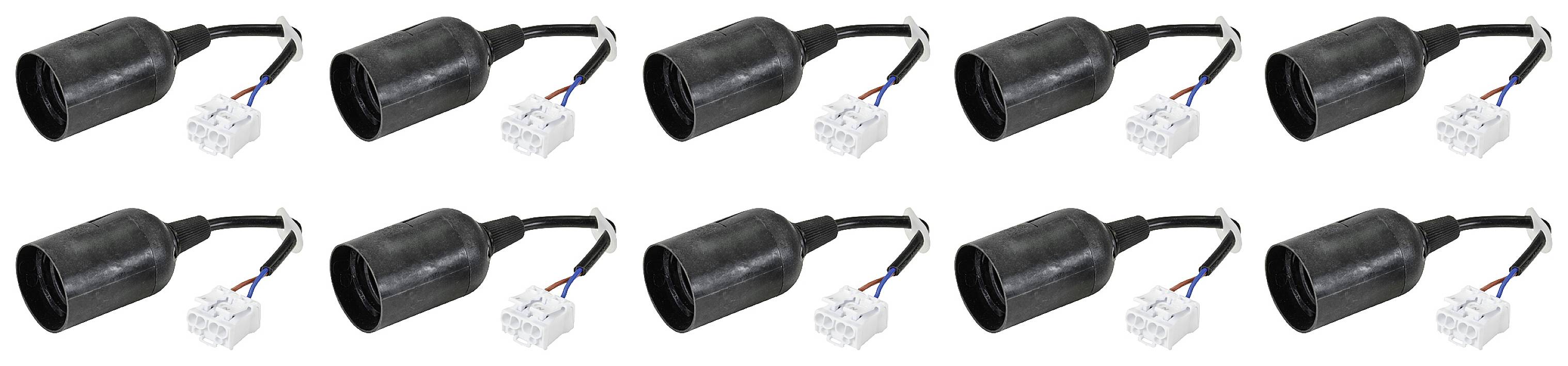 Zehn schwarze, zylinderförmige Steckdosenadapter mit Kabelenden und weißen Steckverbindungen in zwei Reihen angeordnet.