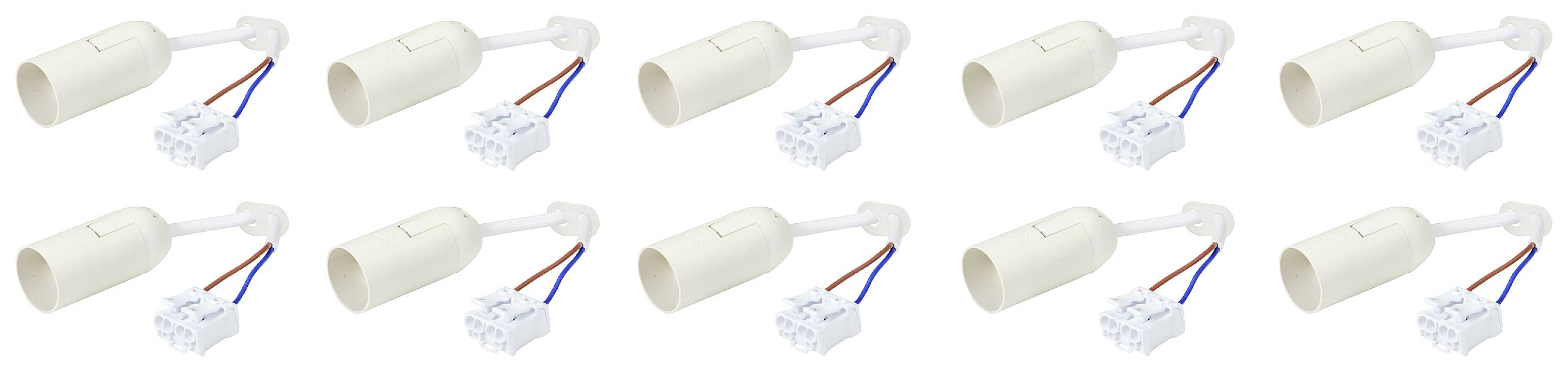 Mehrere weiße Elektrokabelanschlüsse mit röhrenförmigen Steckverbindungen und farbigen Drähten, gleichmäßig in Reihen angeordnet.