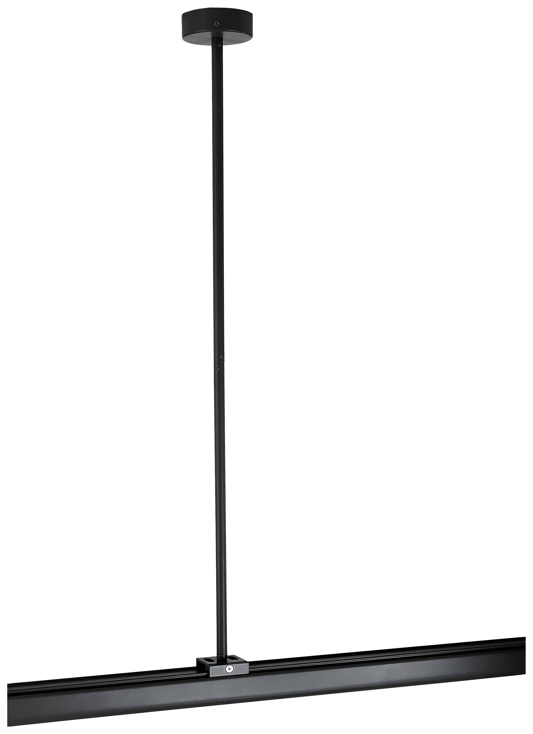 Eine minimalistische, schwarze Pendelleuchte mit einem langen Stab und rechteckigem Lampenschirm, sauberem Design für moderne Räume.