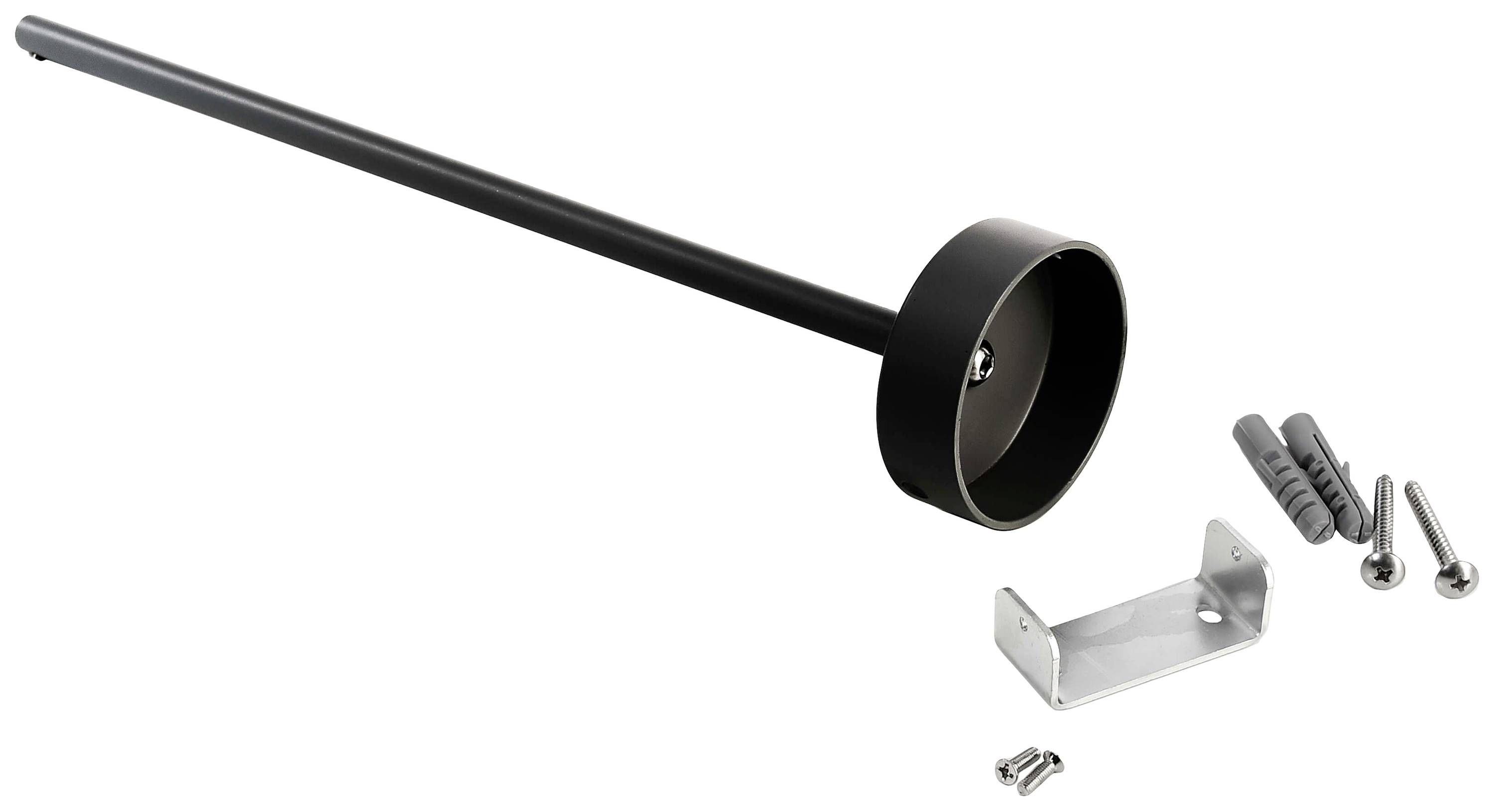 Schwarze Lampenhalterung mit langem Stab, rundem Sockel, Metallhalterung, Schrauben und Dübeln, zur Deckenmontage geeignet.
