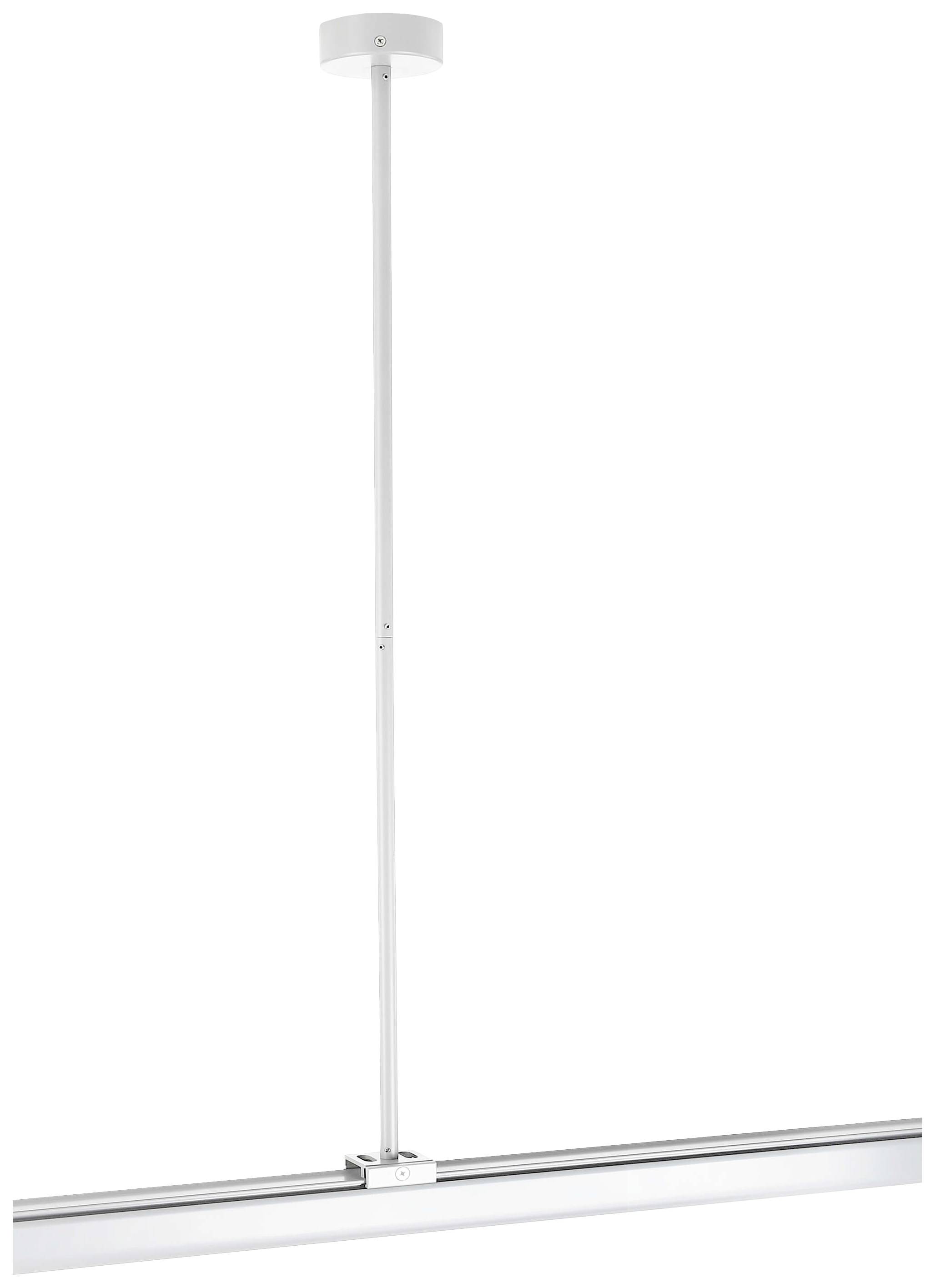 Weiße, minimalistische Hängeleuchte mit linearem Design und zylindrischer Deckenbefestigung. Geeignet für moderne Innenräume.