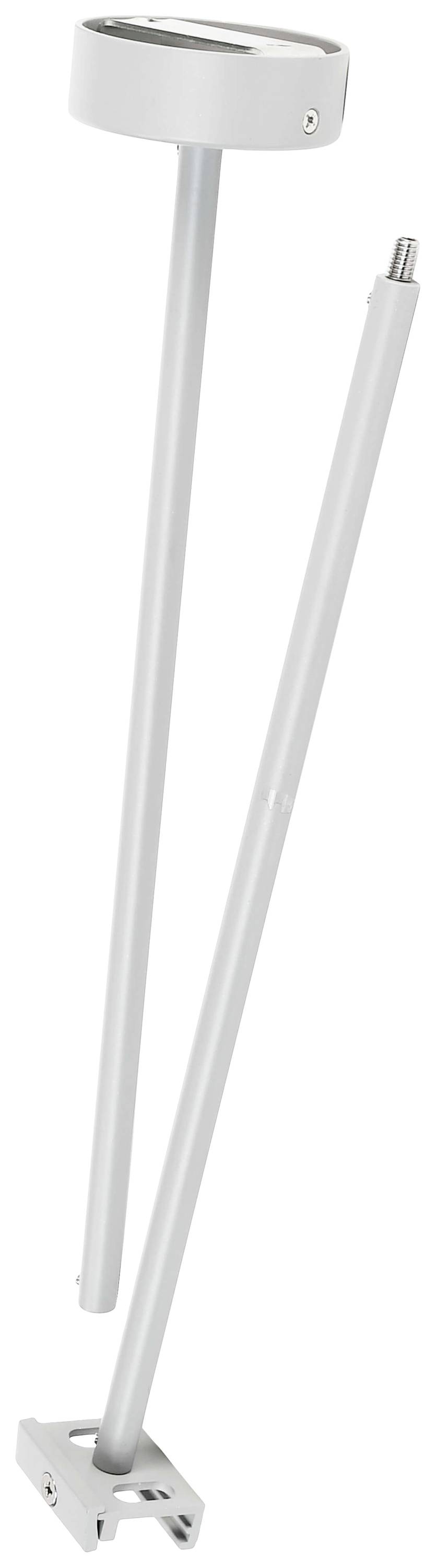 Zwei weiße Stangen, eine mit einer runden Halterung am oberen Ende und die andere mit einem Gelenk unten, vermutlich Teile eines Montage-Kits.