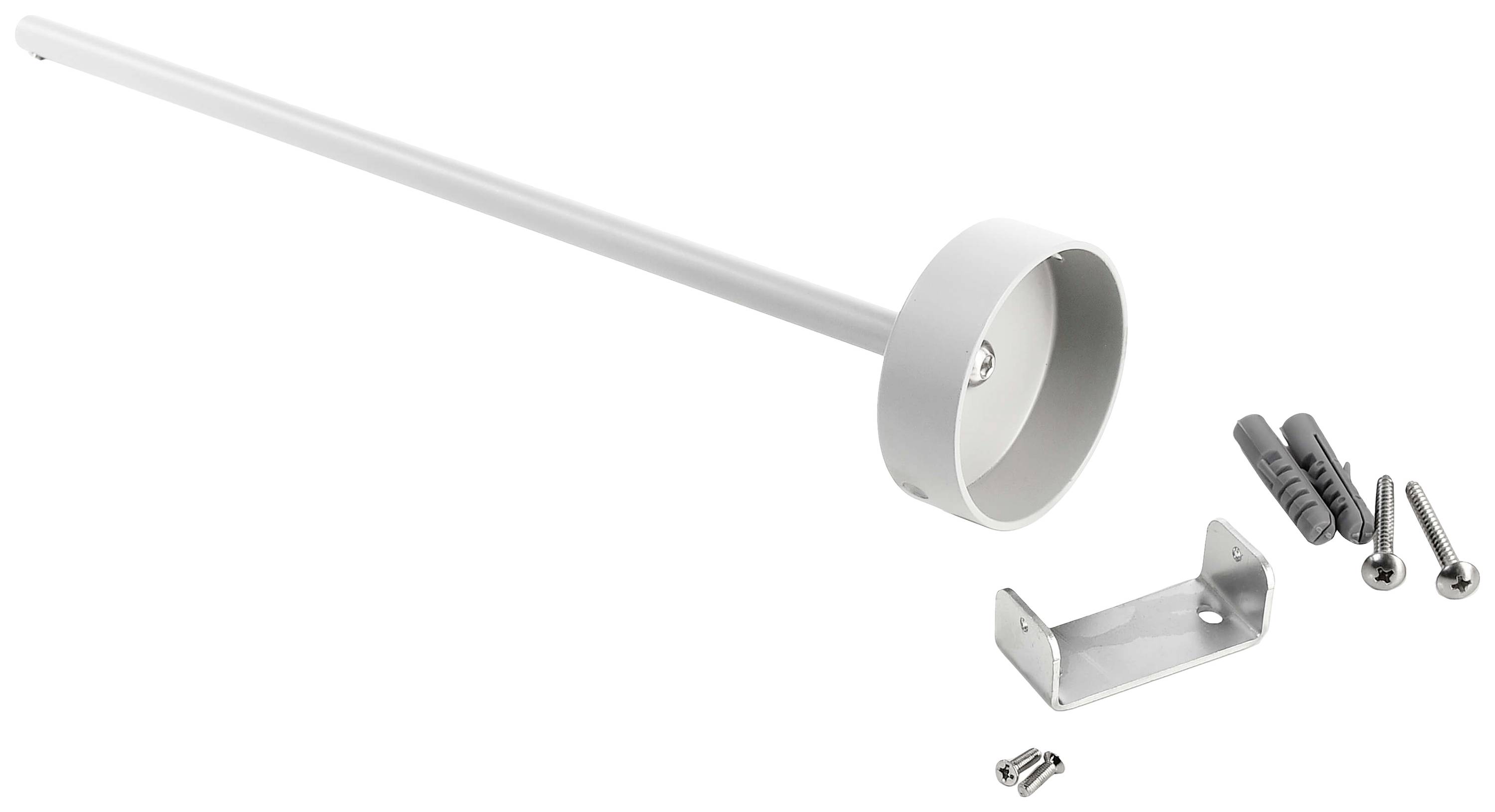 Metallschwenkarm mit runder Halterung, zwei Schrauben und Dübel, zur Wandbefestigung, geeignet für Lautsprecher oder ähnliche Geräte.