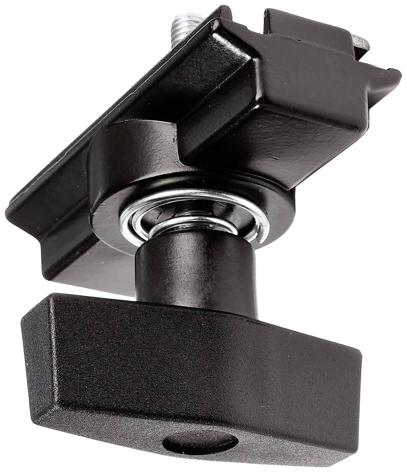 Schwarze Tischklemme mit Schraube und kugelgelagertem Drehgelenk für flexible Befestigung an Tischkanten.