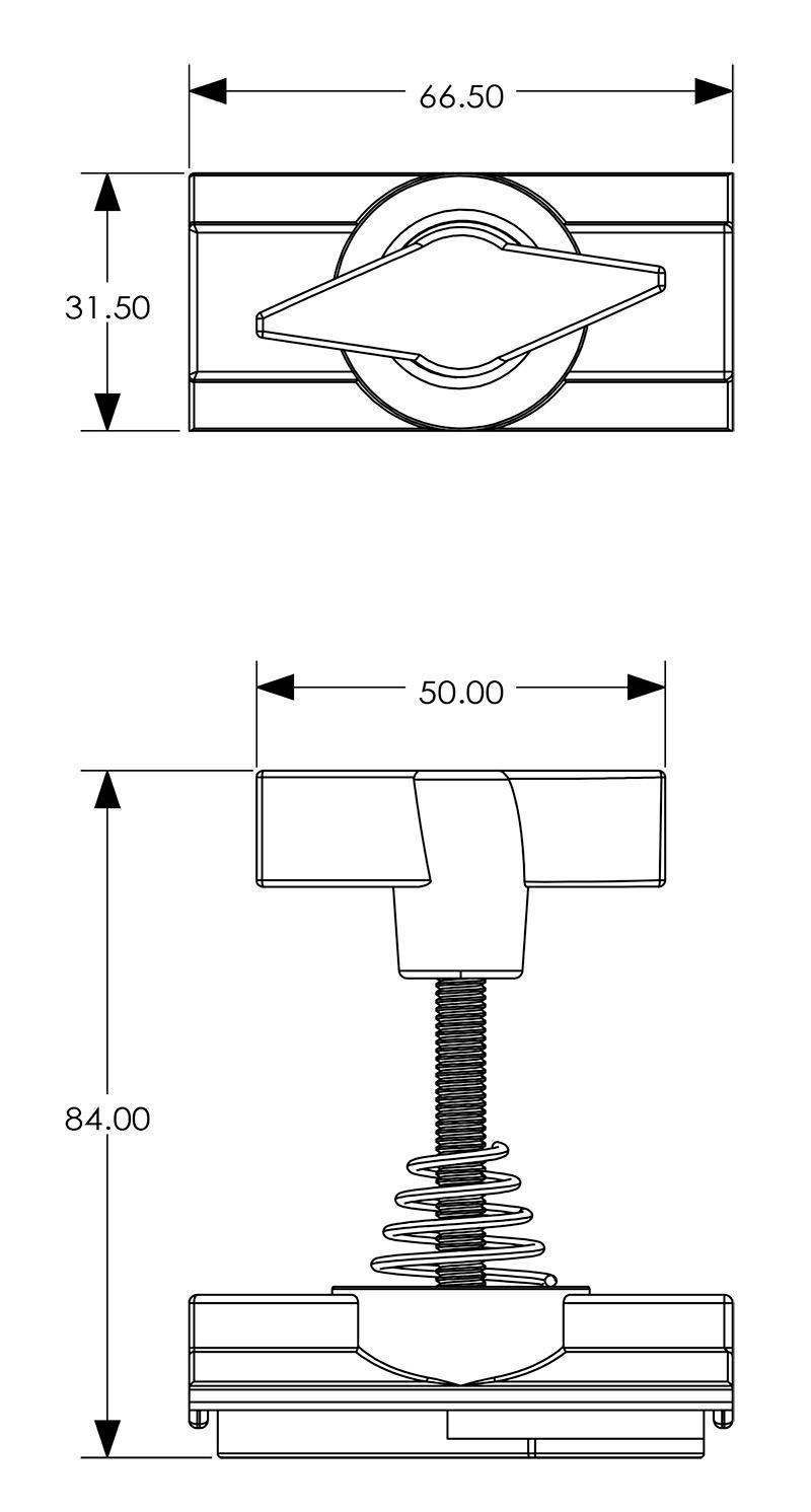 Technische Zeichnung eines Klemmbefestigungselements mit quadratischer Basis (66,50 mm Breite) und Federmechanismus (84,00 mm Gesamt), frontale und seitliche Ansichten.