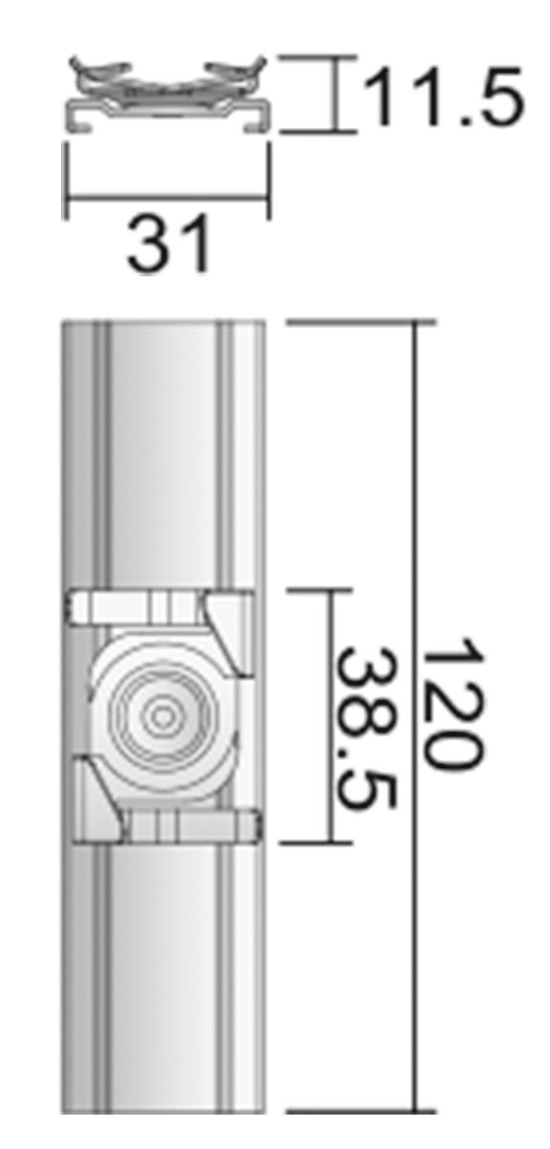 Abbildung eines technischen Schemas einer zylindrischen Komponente mit Maßen 31 x 120 mm und einem Hohlraum von 38,5 mm.