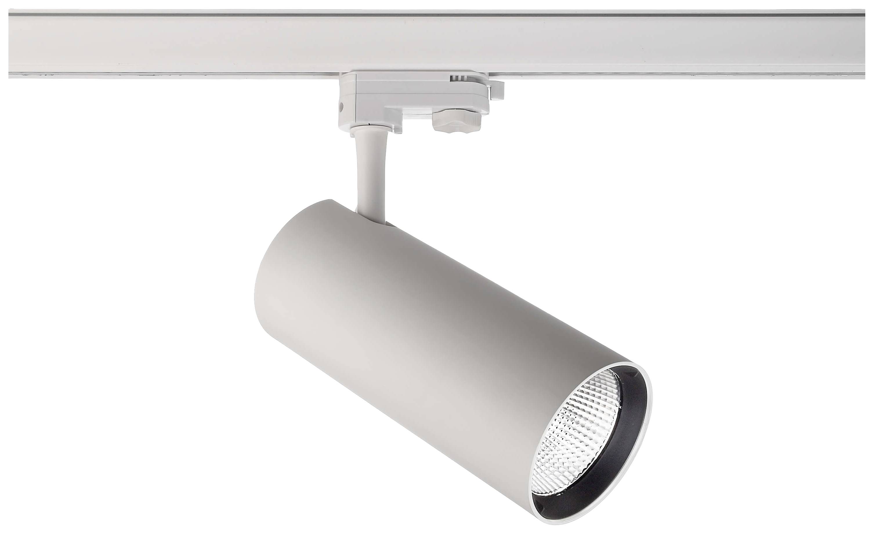 Ein moderner, zylindrischer LED-Spotstrahler in Weiß, montiert an einer Schiene, ideal für gezielte Beleuchtung in Innenräumen.