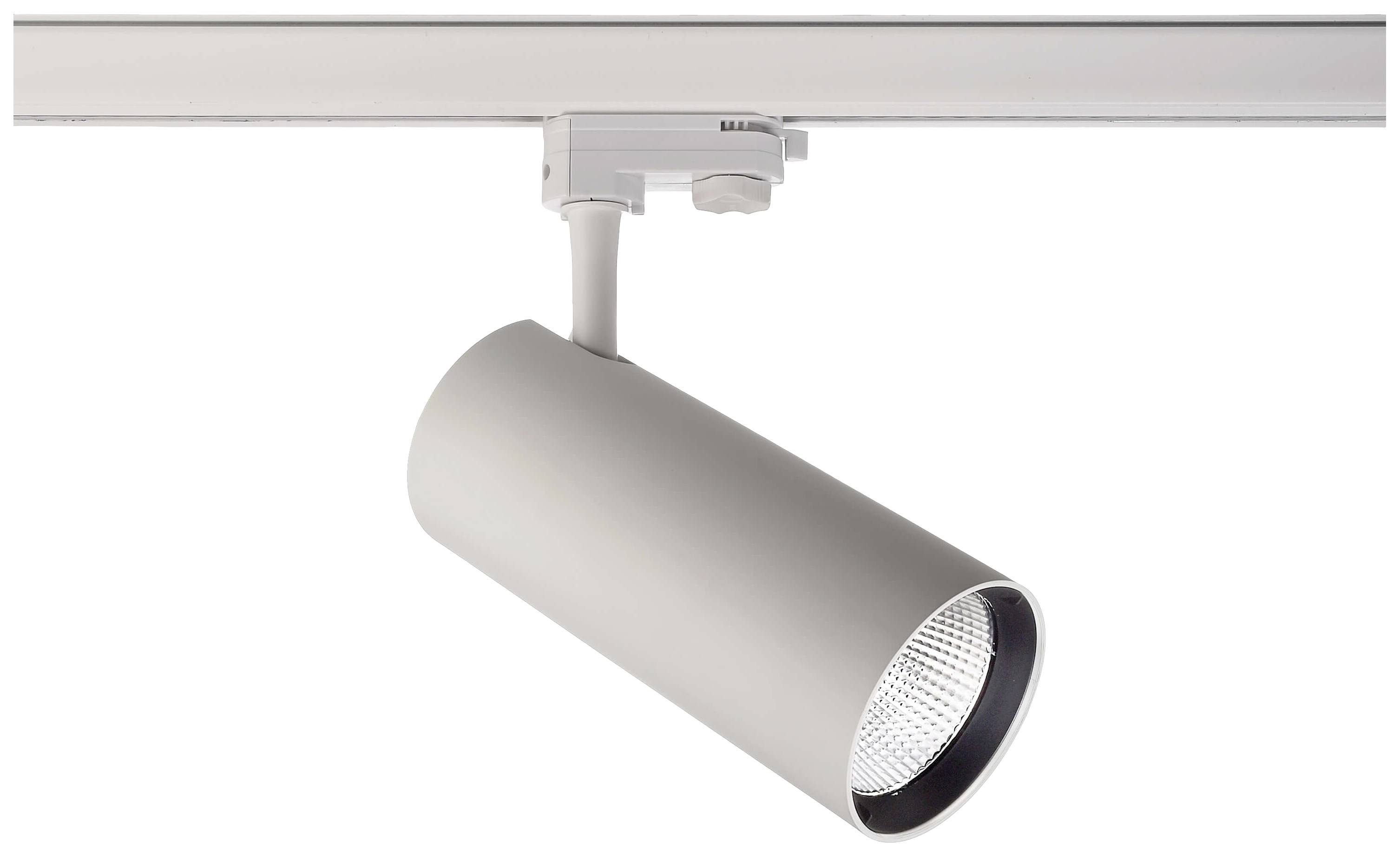 Eine weiße Schienenleuchte mit zylindrischem Gehäuse, montiert an einer Decke. Sie dient zur gezielten Ausleuchtung von Bereichen.