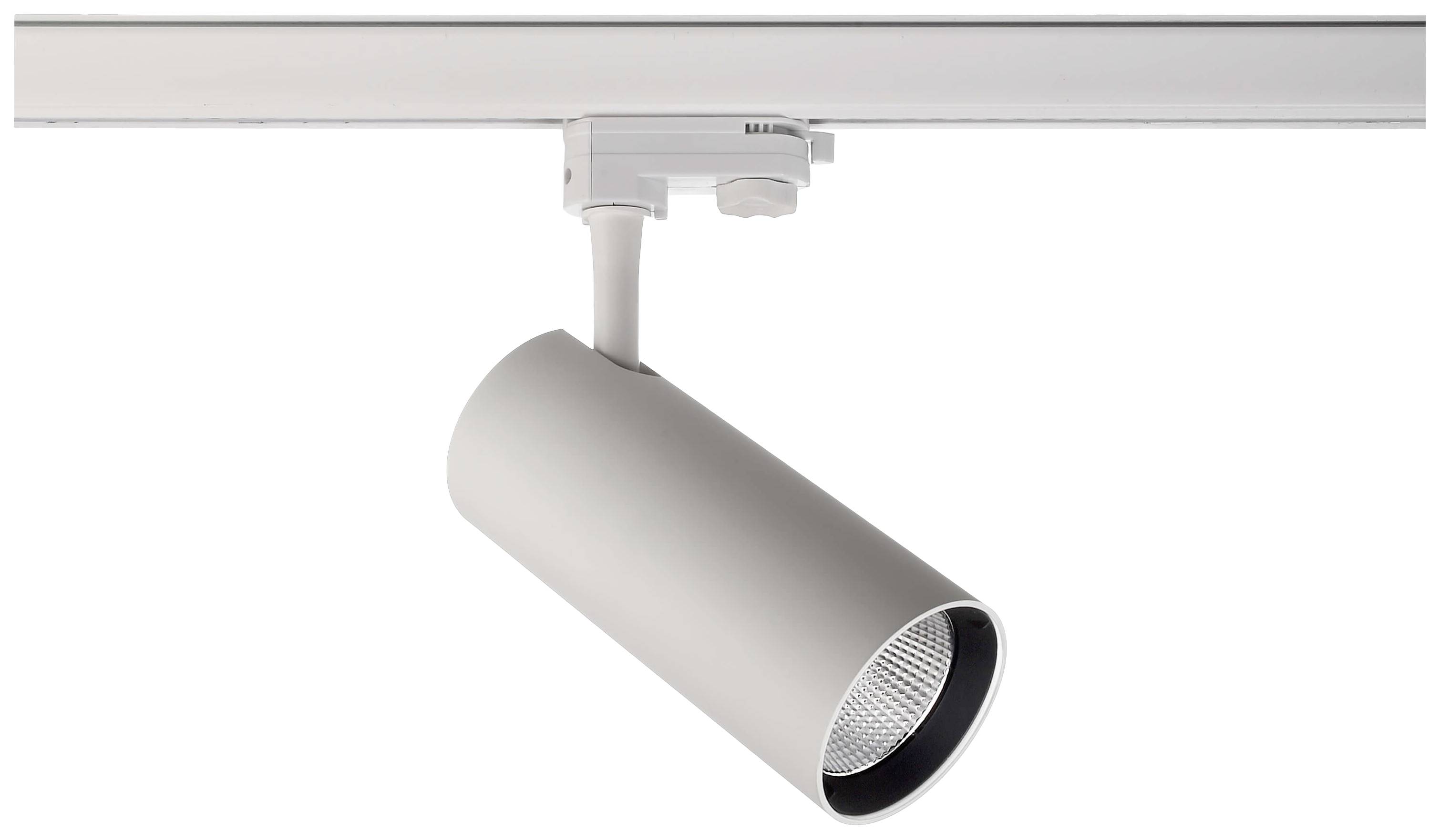 Deckenmontierter, zylindrischer Strahler in weißem Gehäuse, geeignet für schienenbasierte Beleuchtungssysteme.