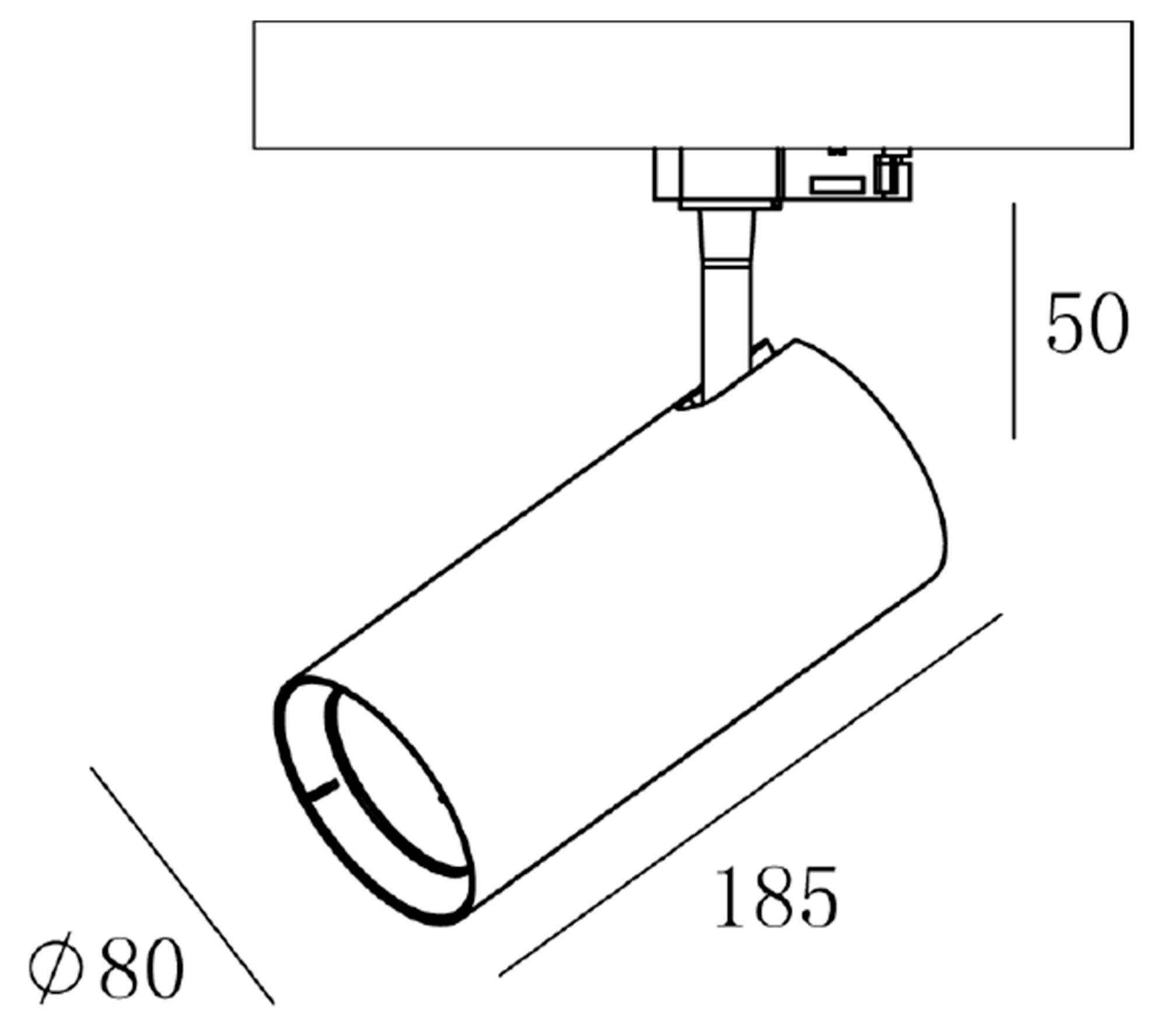 Skizze eines zylindrischen Deckenstrahlers, Maße: Länge 185 mm, Durchmesser 80 mm, Abstand zur Decke 50 mm.
