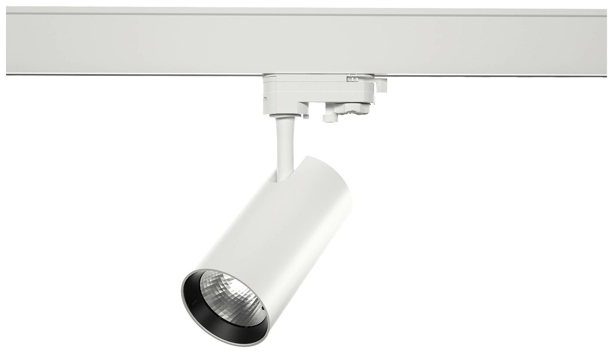 Deckenspot in Weiß an Schiene montiert, zylindrisches Design, angepasst für gerichtete Beleuchtung.