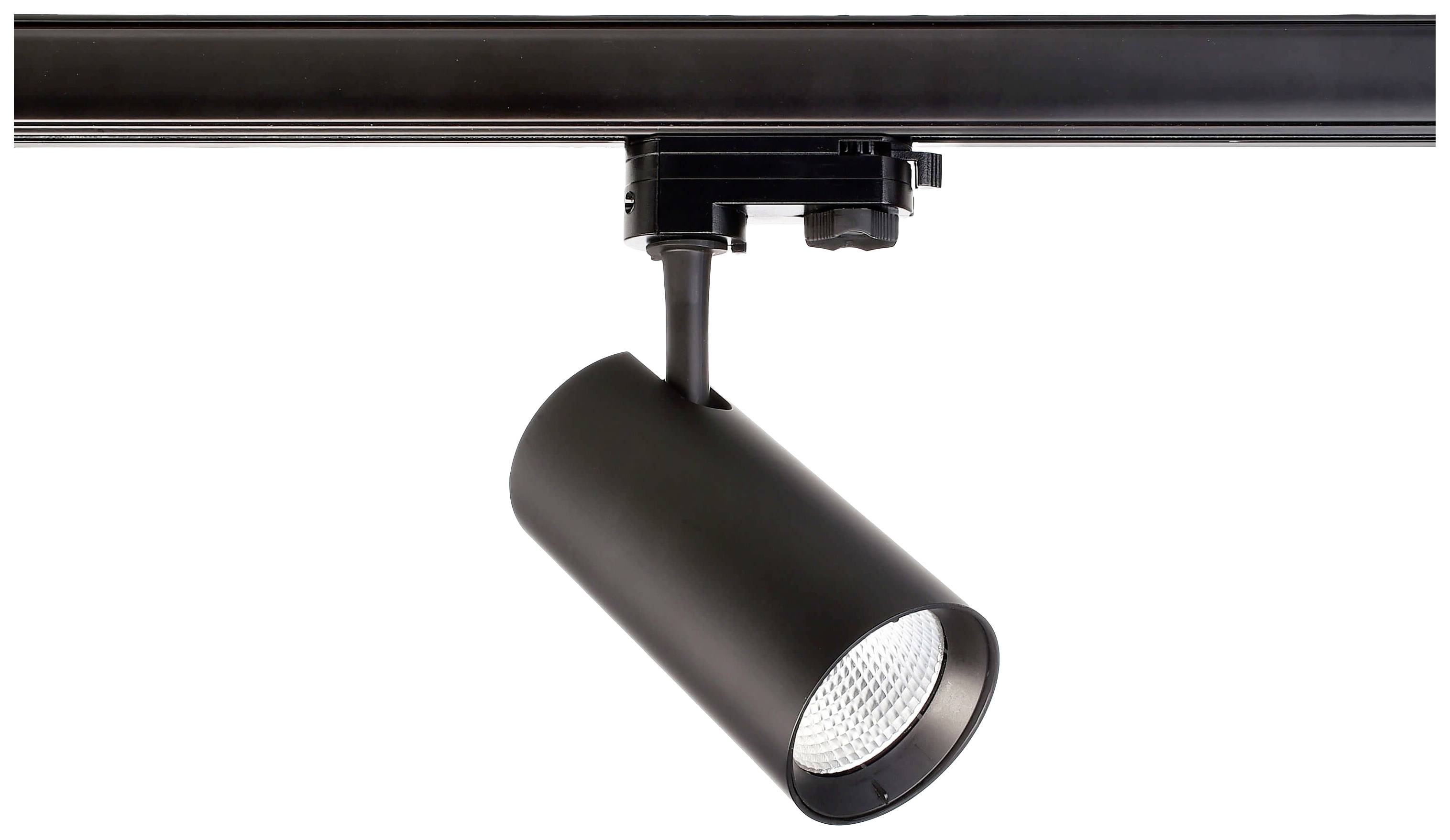 Schwarzer LED-Spotstrahler an einer Schiene montiert. Der Strahler ist nach unten gerichtet und leuchtet hell.