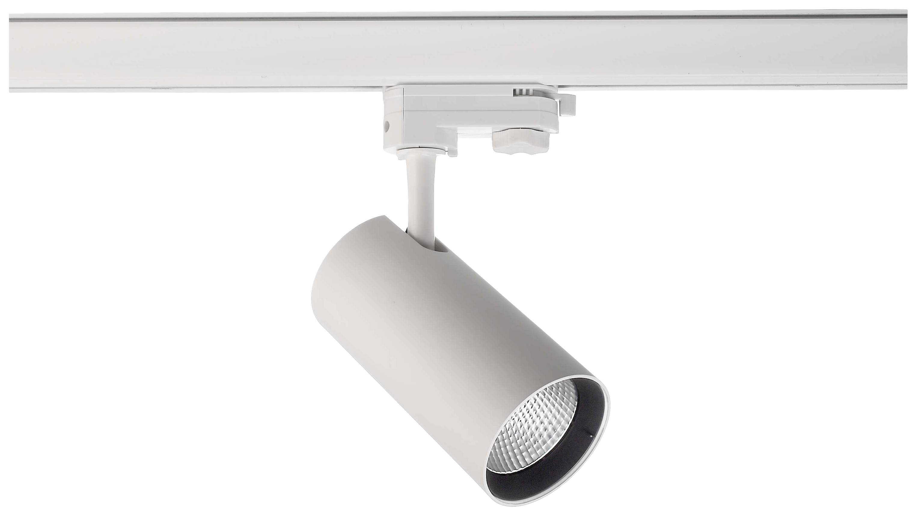 Ein weißer Deckenstrahler mit zylindrischer Form hängt an einer Schiene, geeignet für gezielte Beleuchtung in Innenräumen.