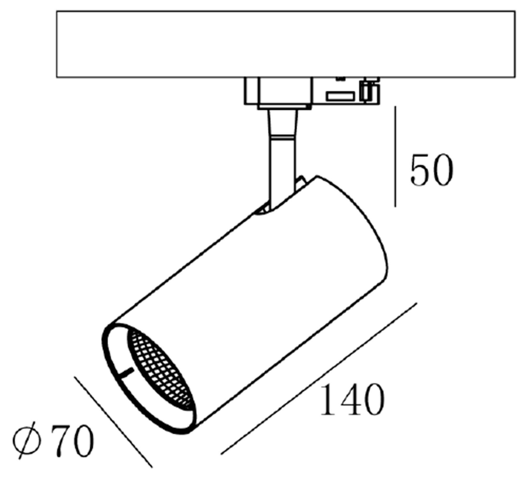 Diagramm einer Deckenleuchte mit zylindrischem Gehäuse. Maße: 50 mm Höhe von der Decke, 140 mm Länge, Durchmesser 70 mm.