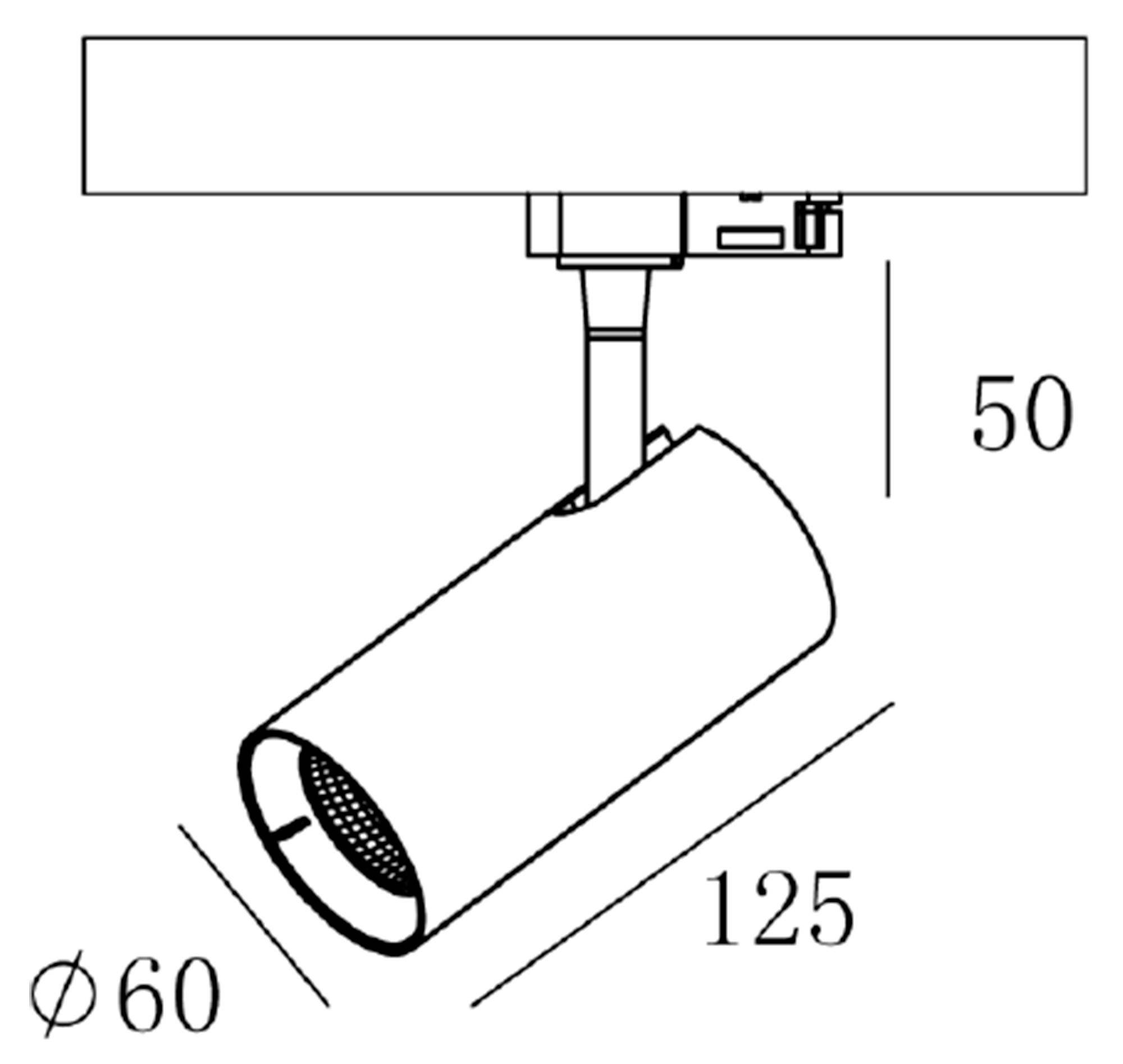 Technische Zeichnung eines zylindrischen Deckenstrahlers, Maße: Durchmesser 60 mm, Länge 125 mm, Höhe insgesamt 50 mm.