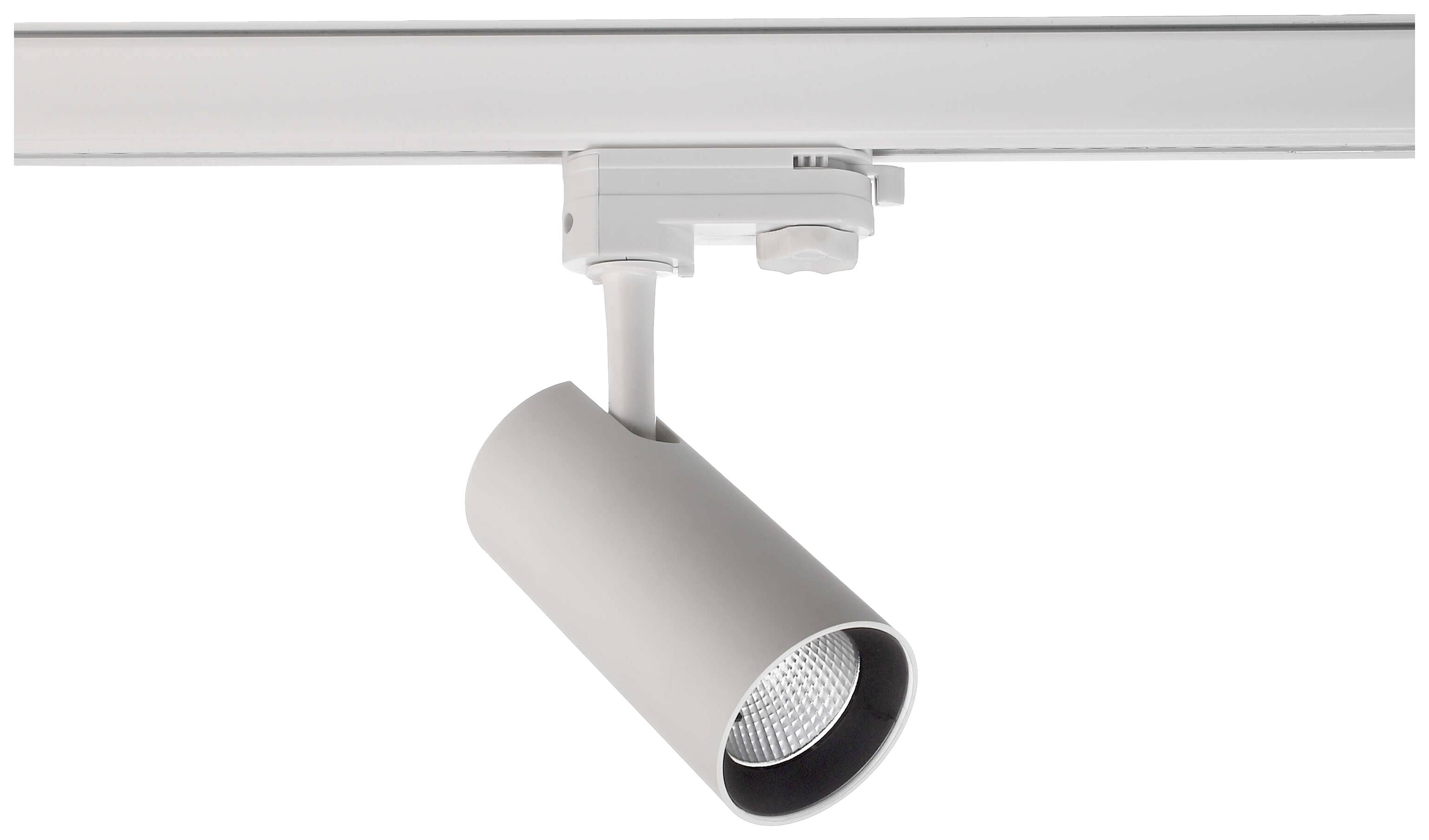 Trackleuchte in zylindrischer Form, montiert an einer Schiene, richtet Licht auf einen bestimmten Punkt.