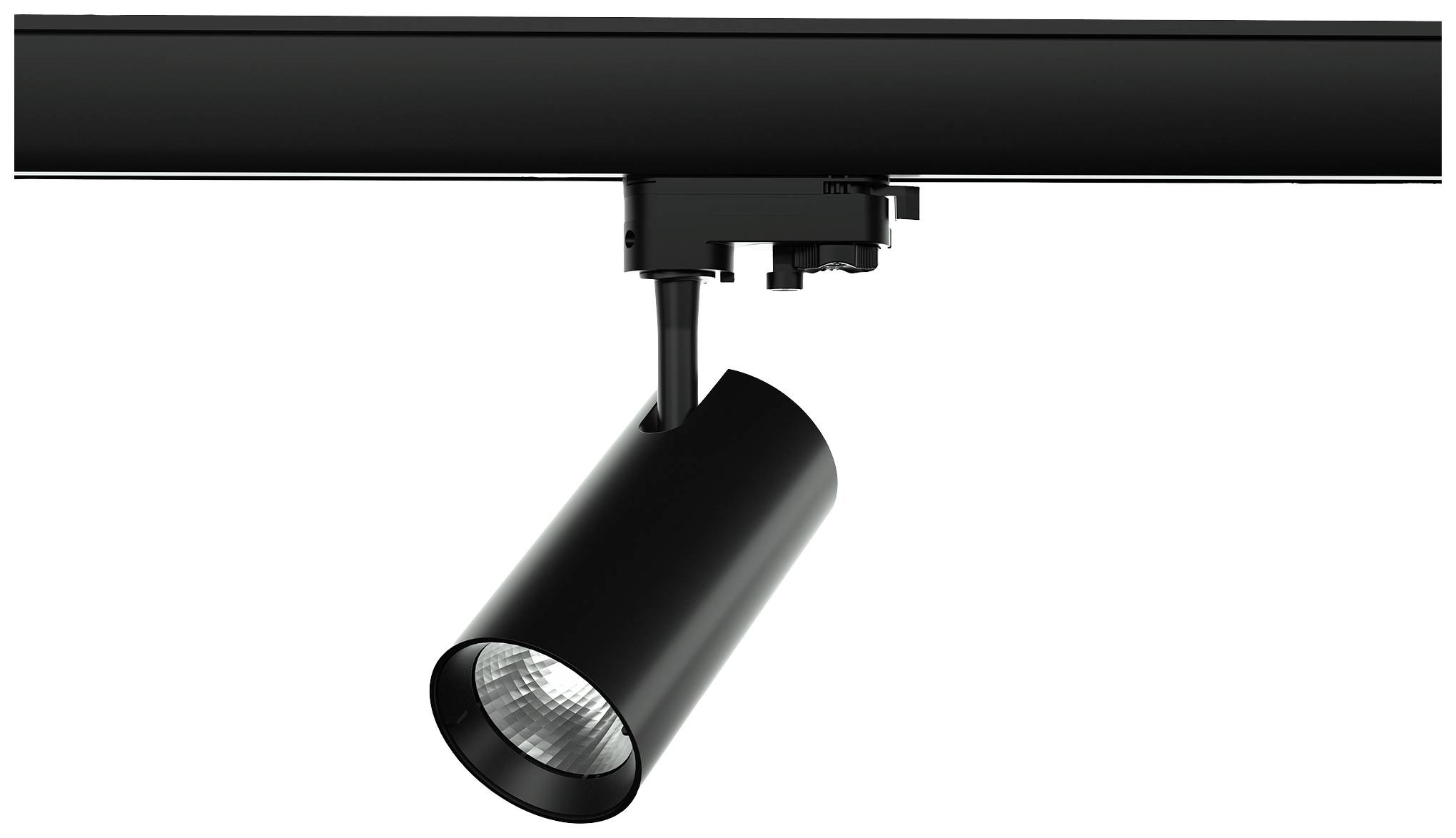 Ein schwarzer LED-Spotstrahler an einer Schiene, ausgerichtet, um auf ein bestimmtes Objekt zu leuchten, ideal für Akzentbeleuchtung.