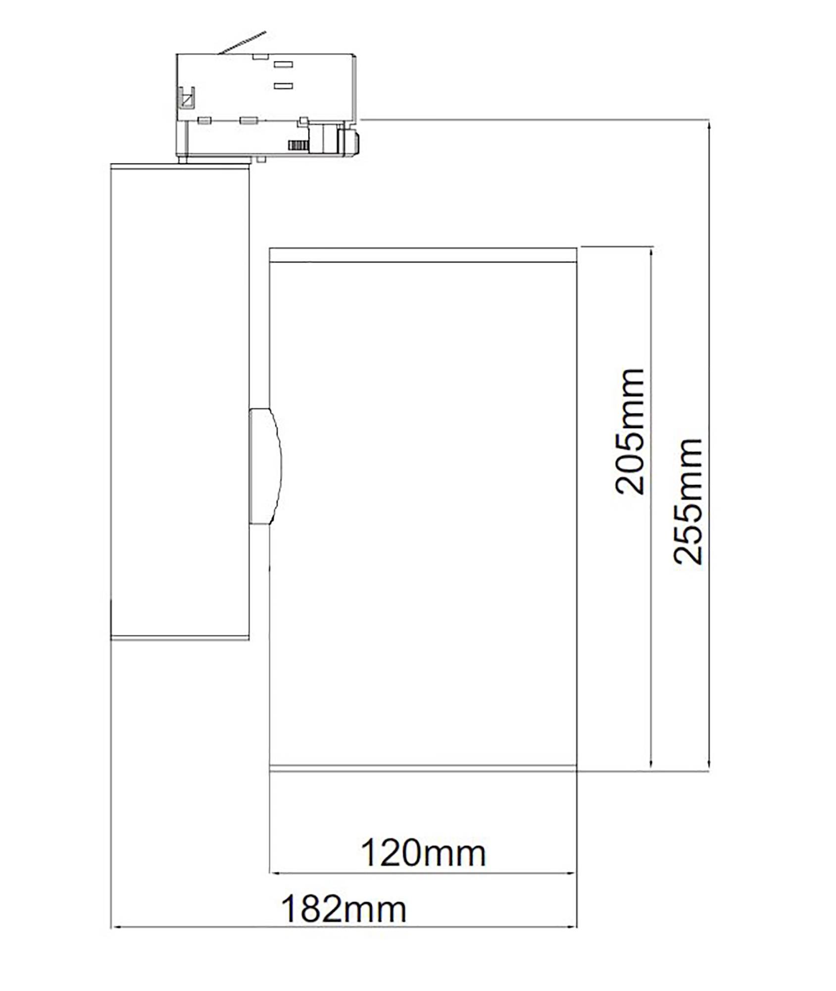 Technische Zeichnung eines Geräts mit den Abmessungen: Breite 120mm, Tiefe 182mm, Höhe 255mm, Gehäuseteil 205mm hoch.