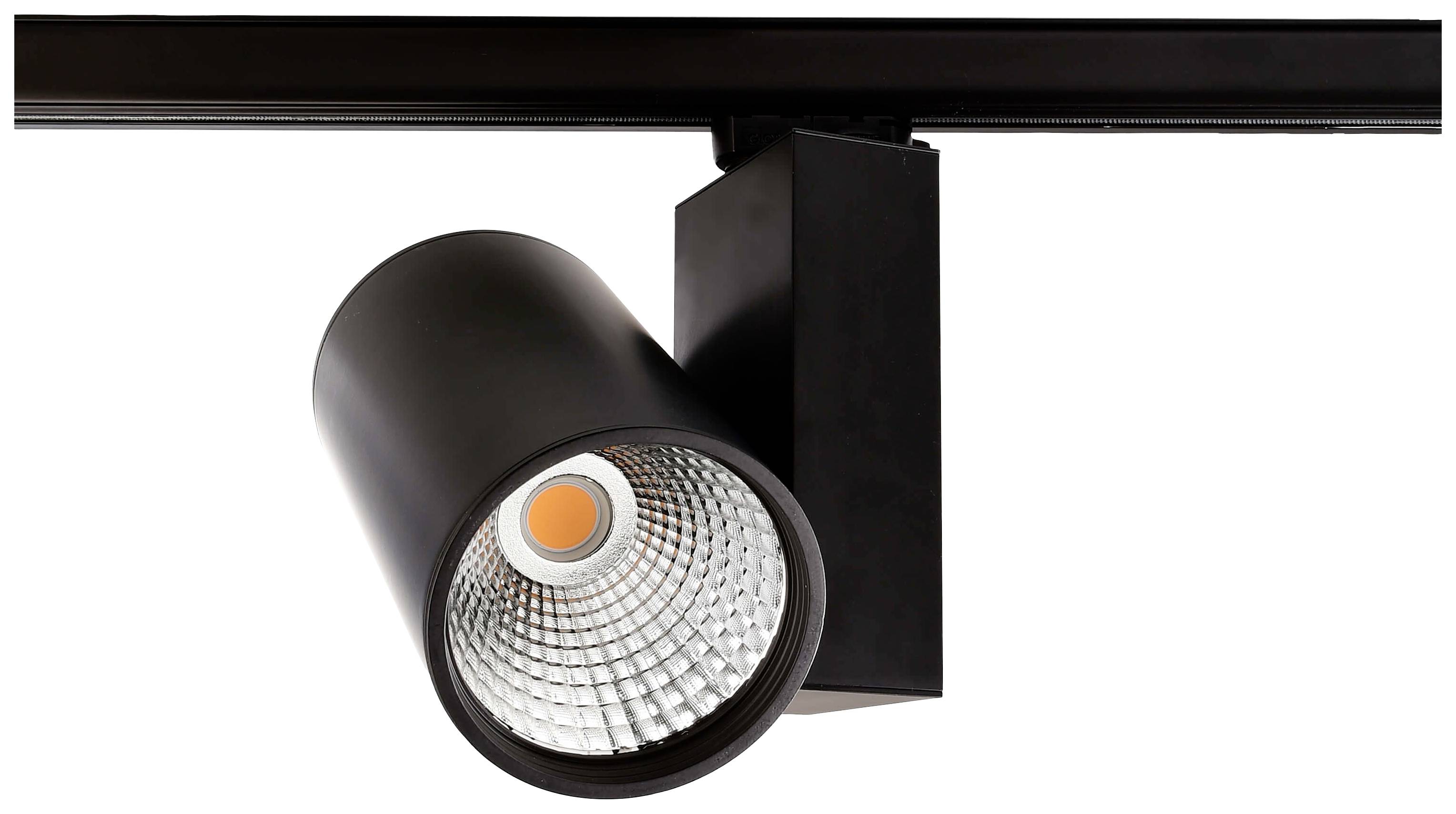 Ein schwarzer Deckenstrahler mit modernem Design ist an einer Schiene angebracht. Die LED-Lampe ist in einem zylinderförmigen Gehäuse.