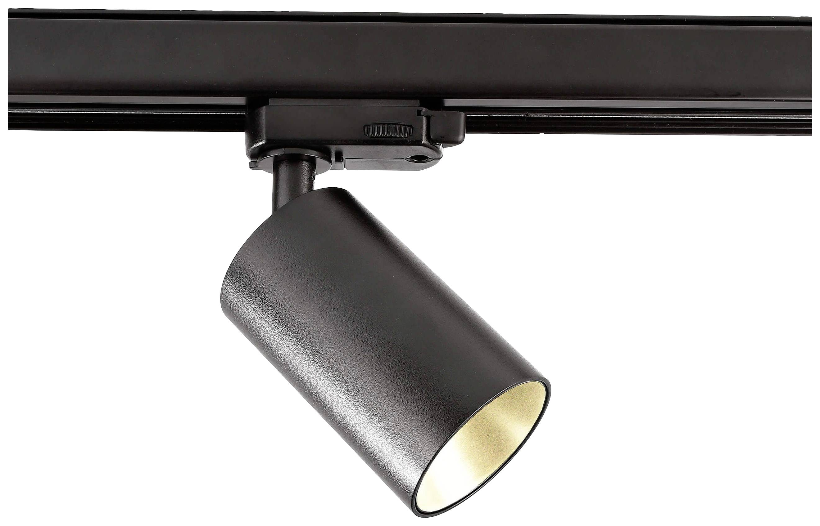 Ein schwarzer Deckenstrahler, der an einer Schiene montiert ist.