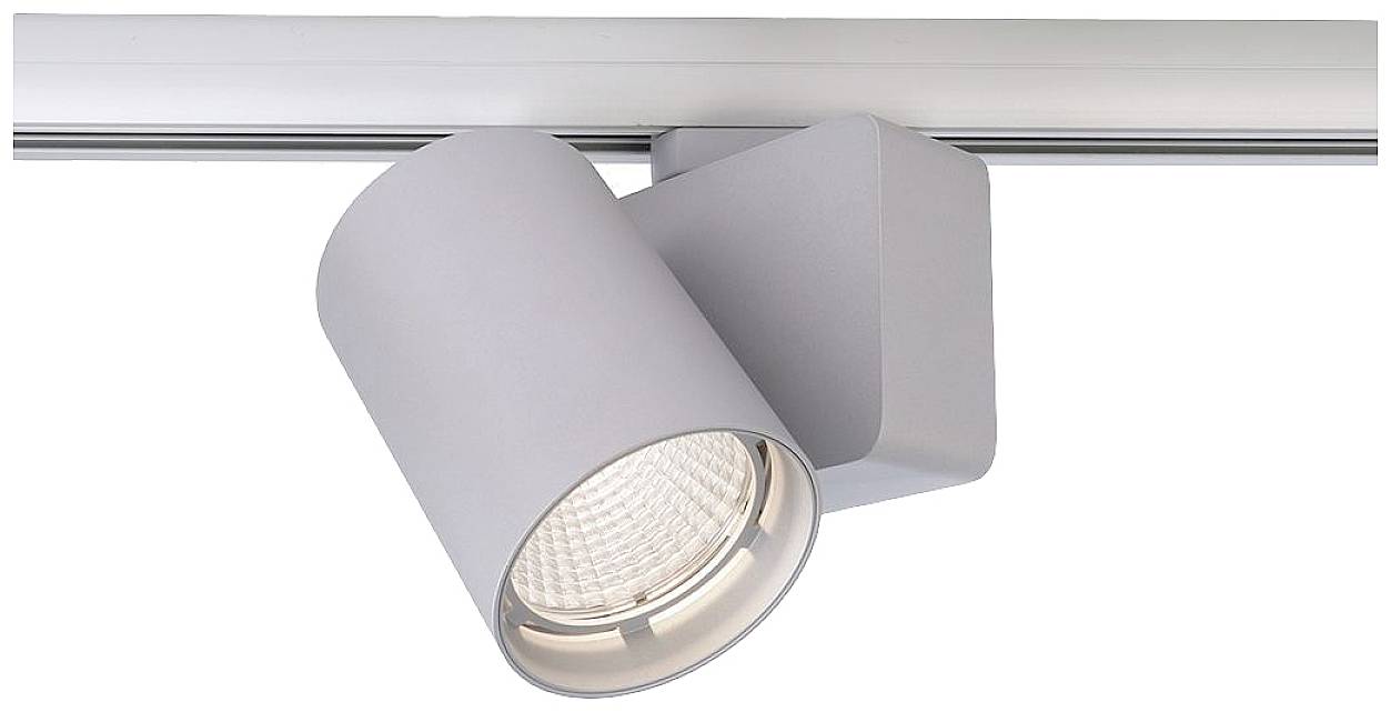 Grauer LED-Spotstrahler an einer Metallschiene, nach unten gerichtet. Geeignet zur gezielten Beleuchtung von Innenräumen.